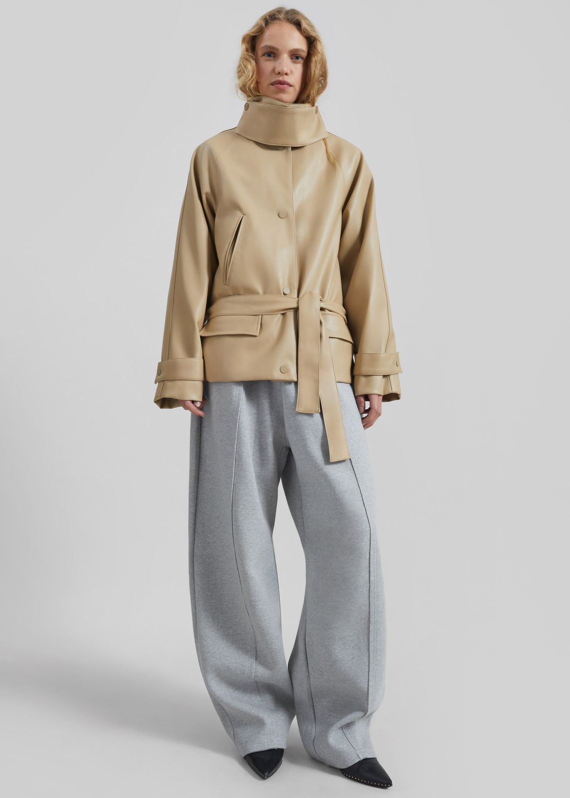 Viran Faux Leather Belted Jacket - Beige