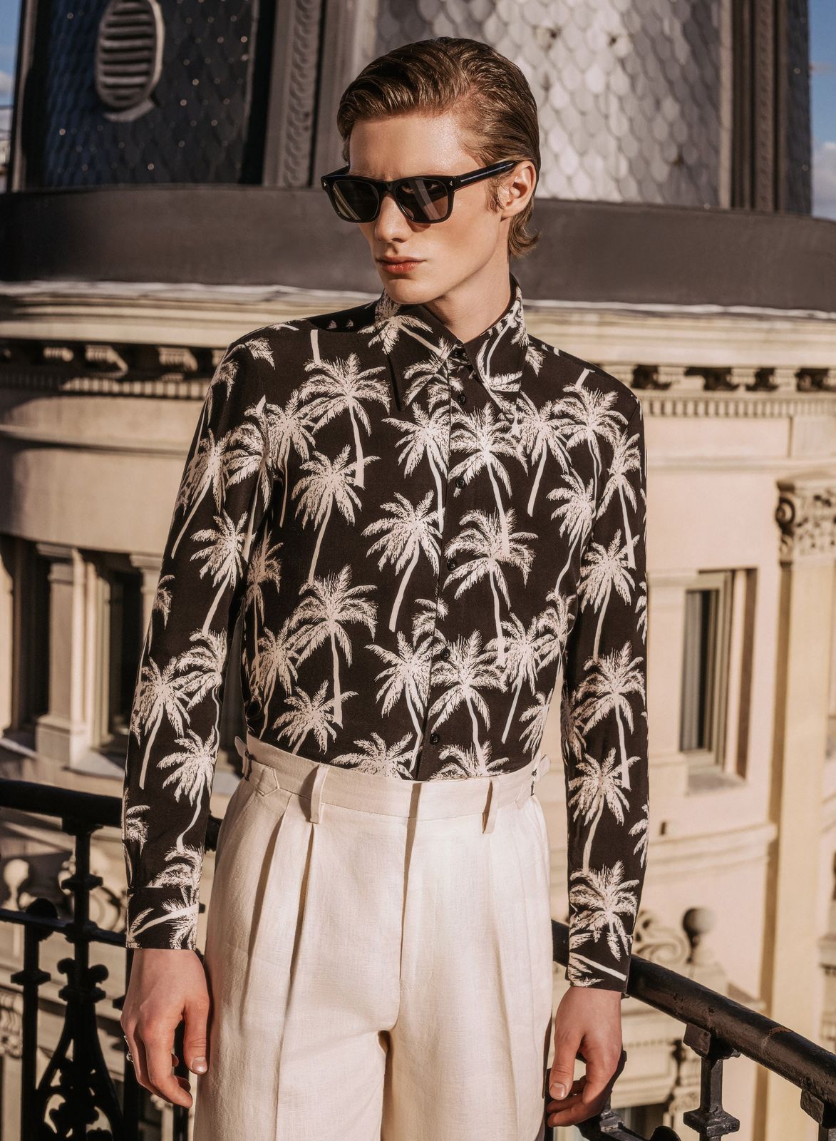 Black Viscose Palm Tree Shirt
