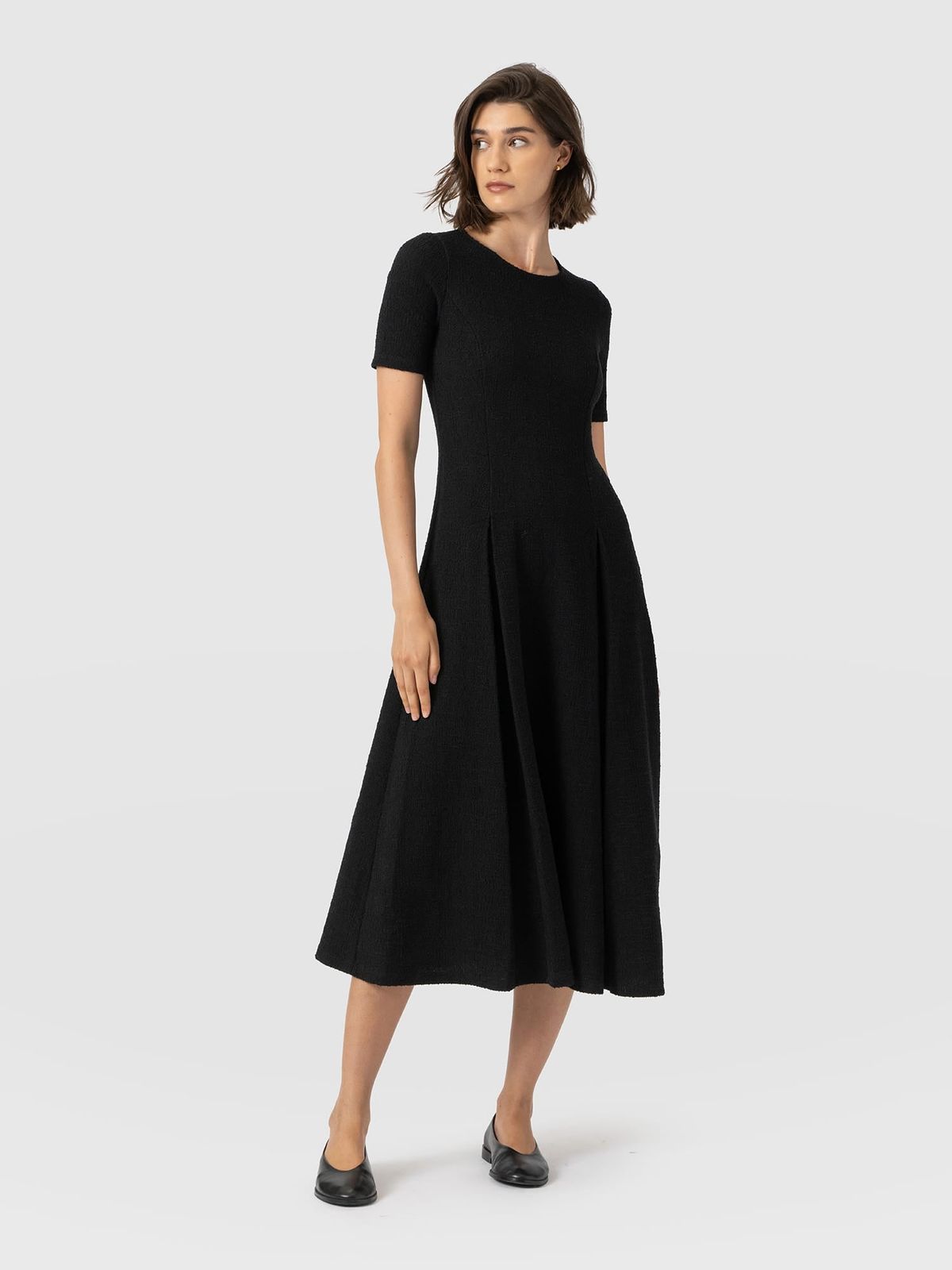 Lana Pleated Short Sleeve Dress - Black Boucle