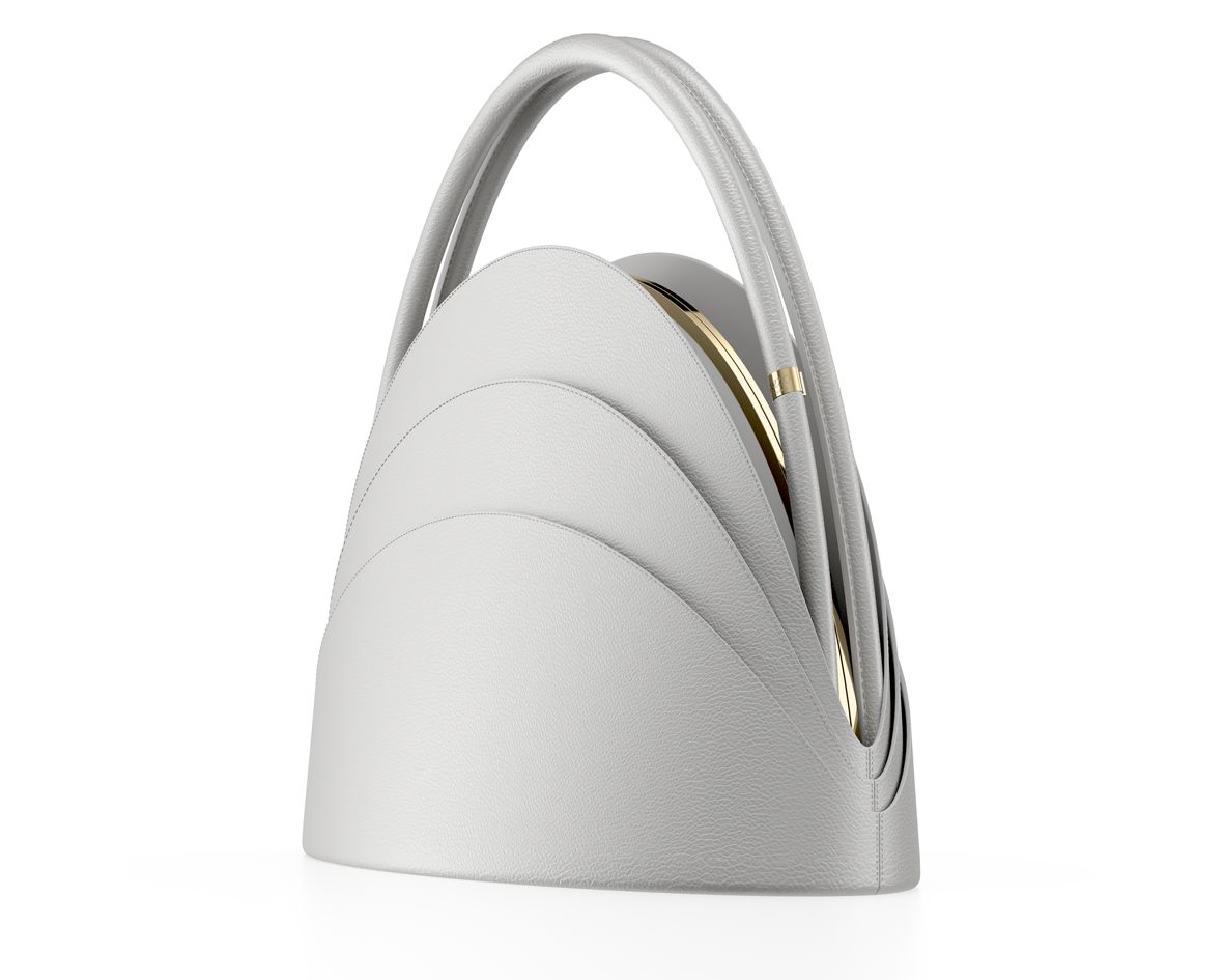 Medium Millefoglie handbag. Light Pisa-grey calfskin and malachite gemstone. 24k gold-plated jewellery accents.
