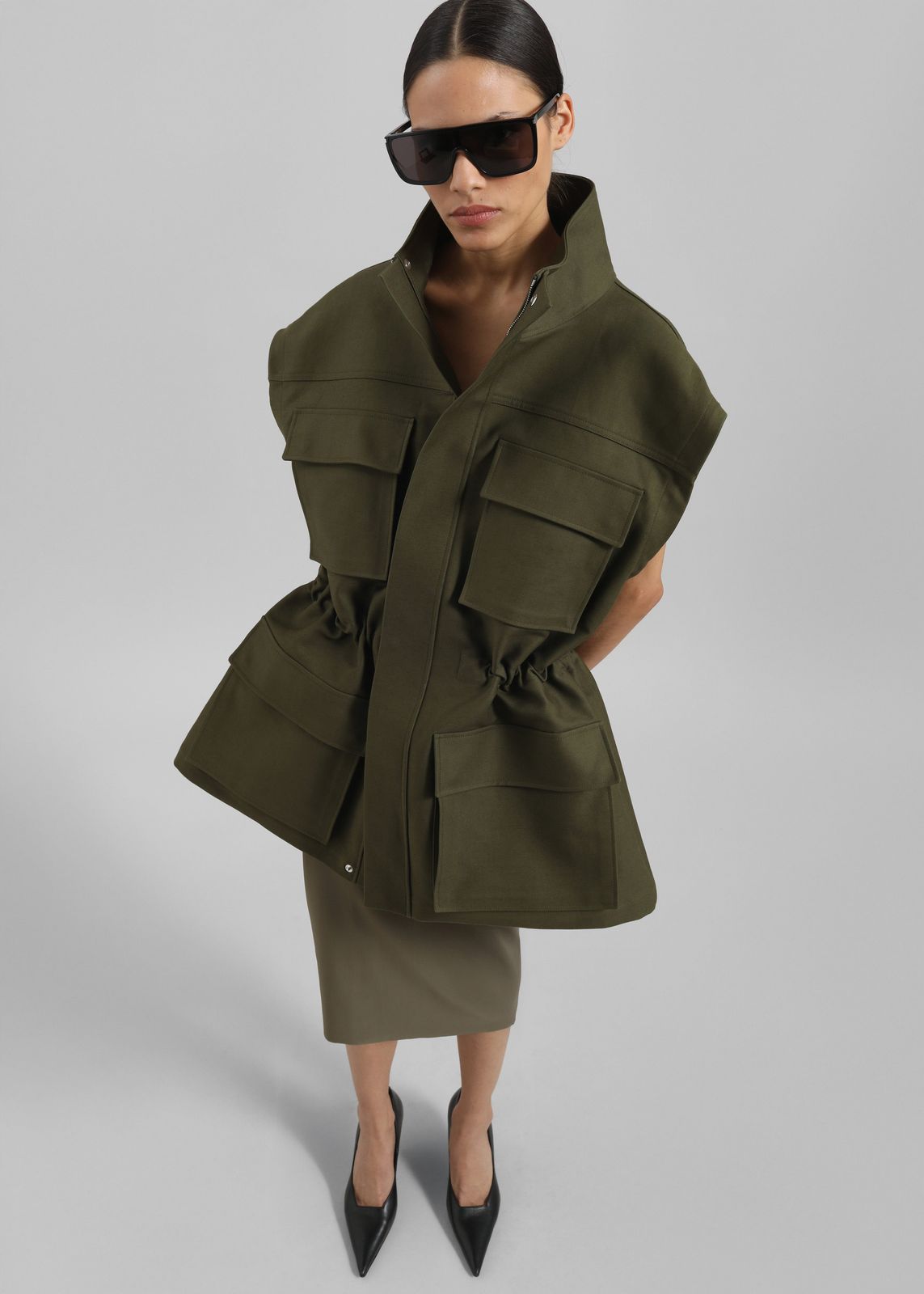 Melton Detachable Sleeve Cargo Jacket - Khaki