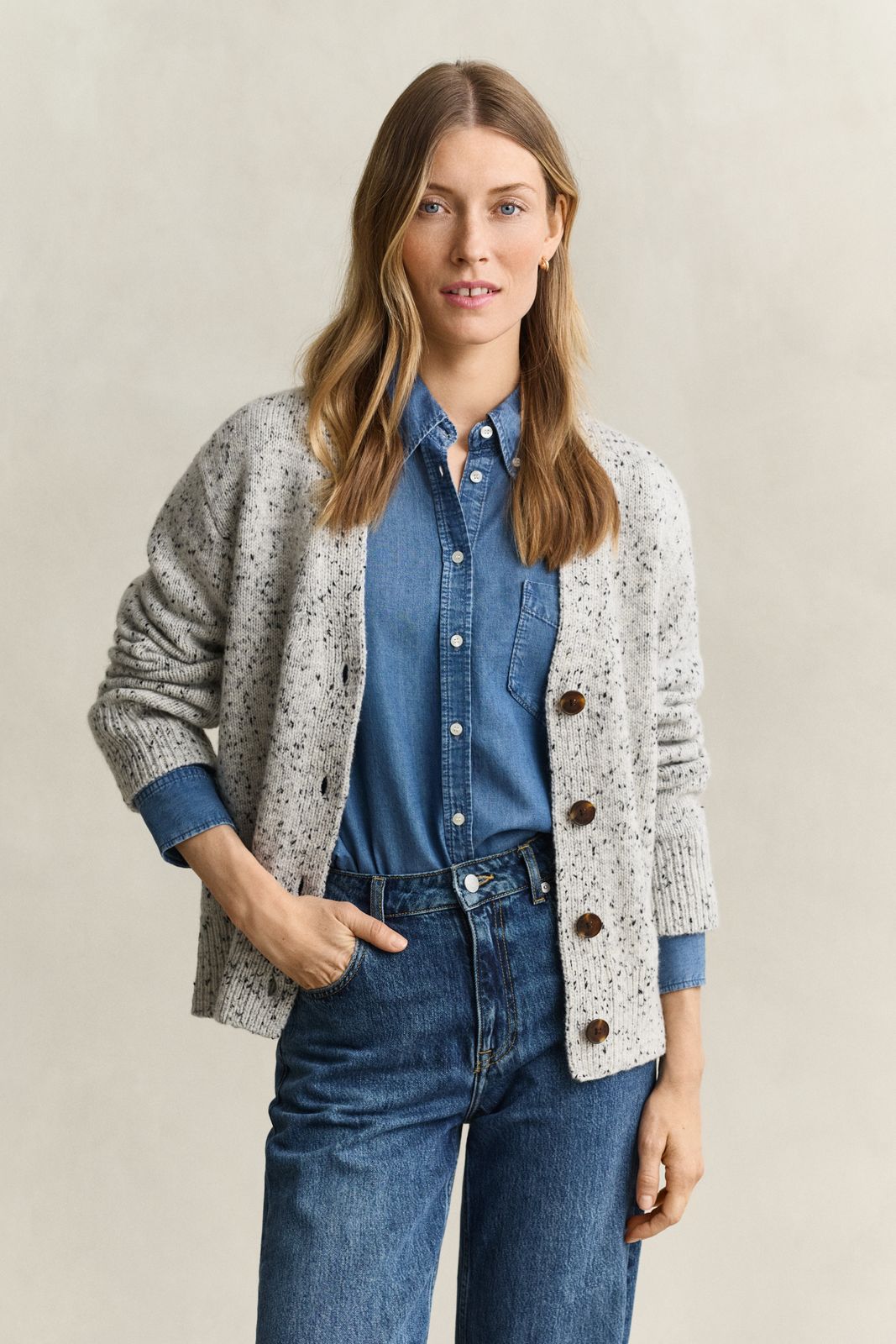 Wool Blend Nepps Cardigan - CARAMEL BROWN