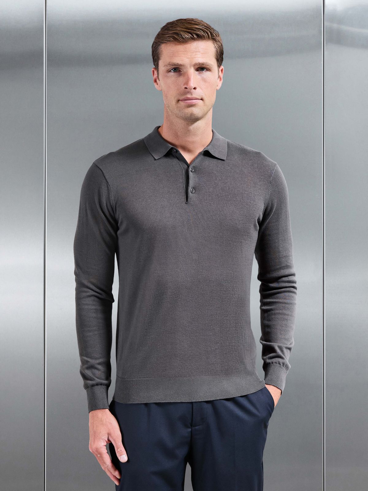 Cotton Knitted Long Sleeve Button Polo Shirt in Grey