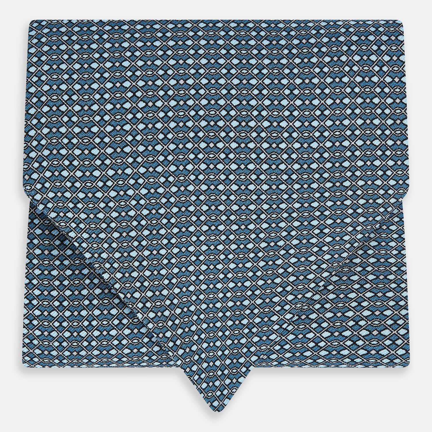 Blue Geometric Lattice Damier Printed Silk Cravat