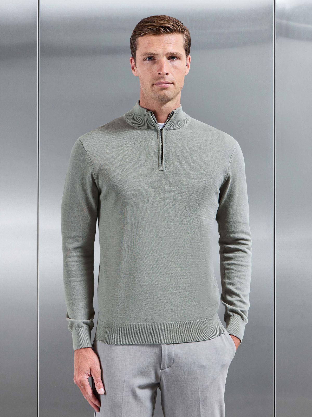 Cotton Knitted Half Zip Jumper in Light Sage