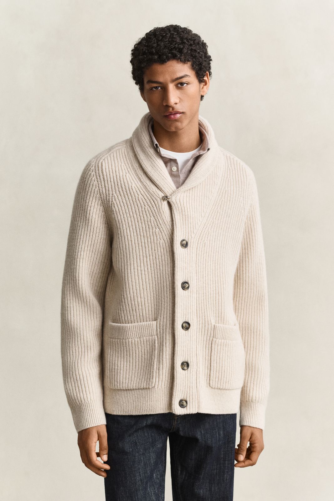 Ribbed Wool Blend Cardigan - LIGHT BEIGE MELANGE