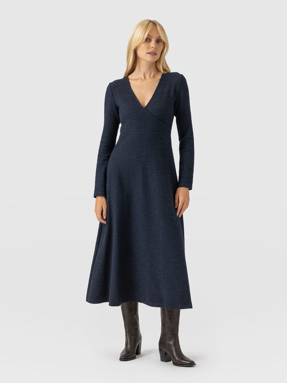 Maggie Wrap Midi Dress - Navy Boucle