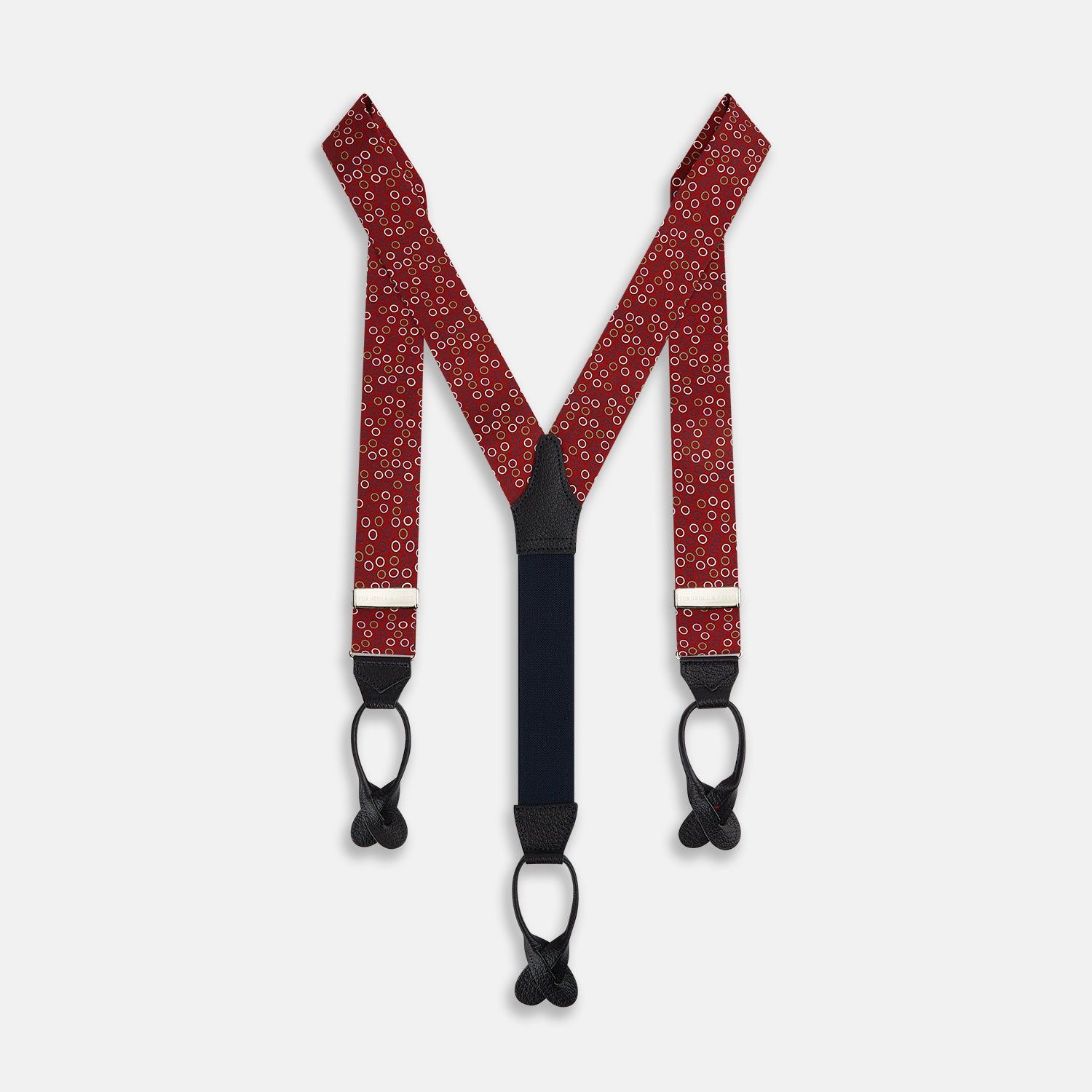 Pink And Navy Circle Red Adjustable Silk And Navy Leather Braces
