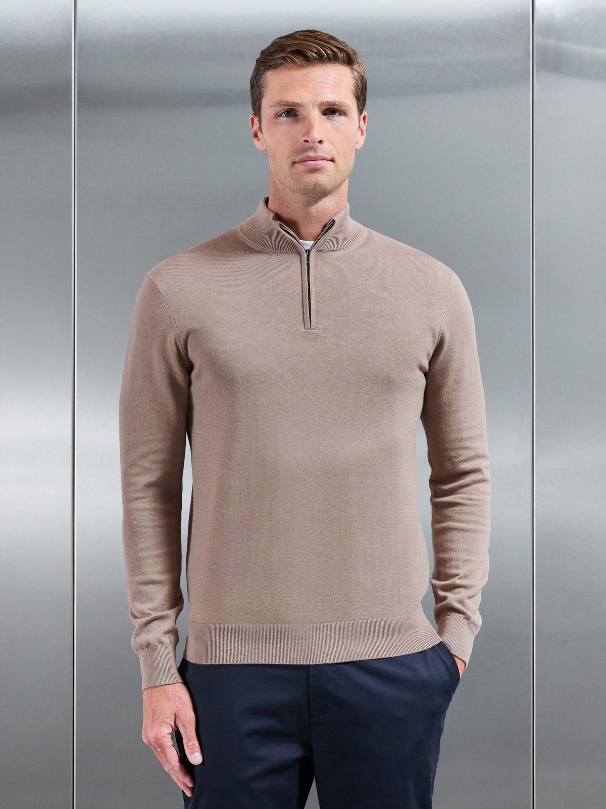 Cotton Knitted Half Zip Jumper in Taupe