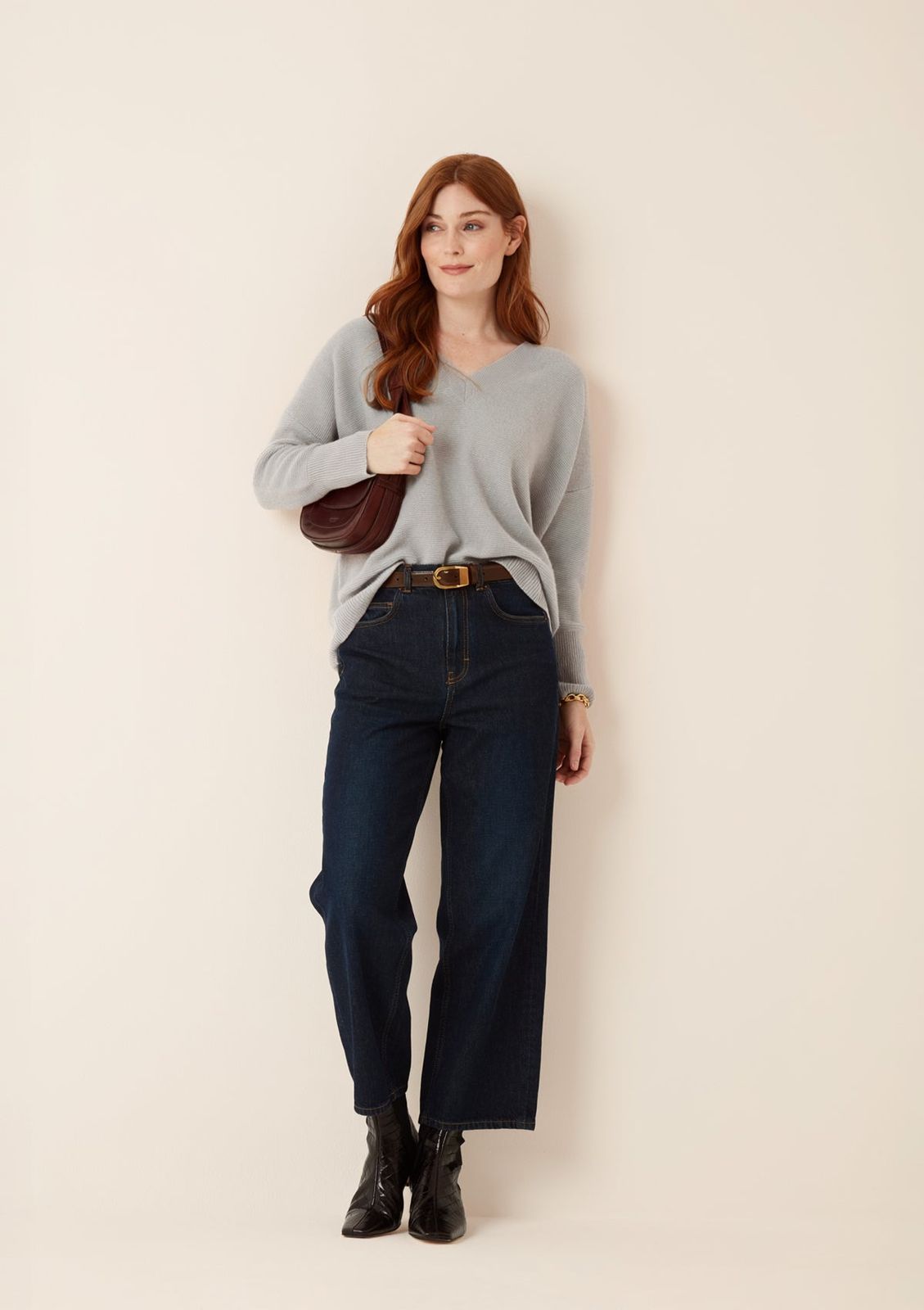 Relaxed Lofty V Neck Sweater In Foggy Grey