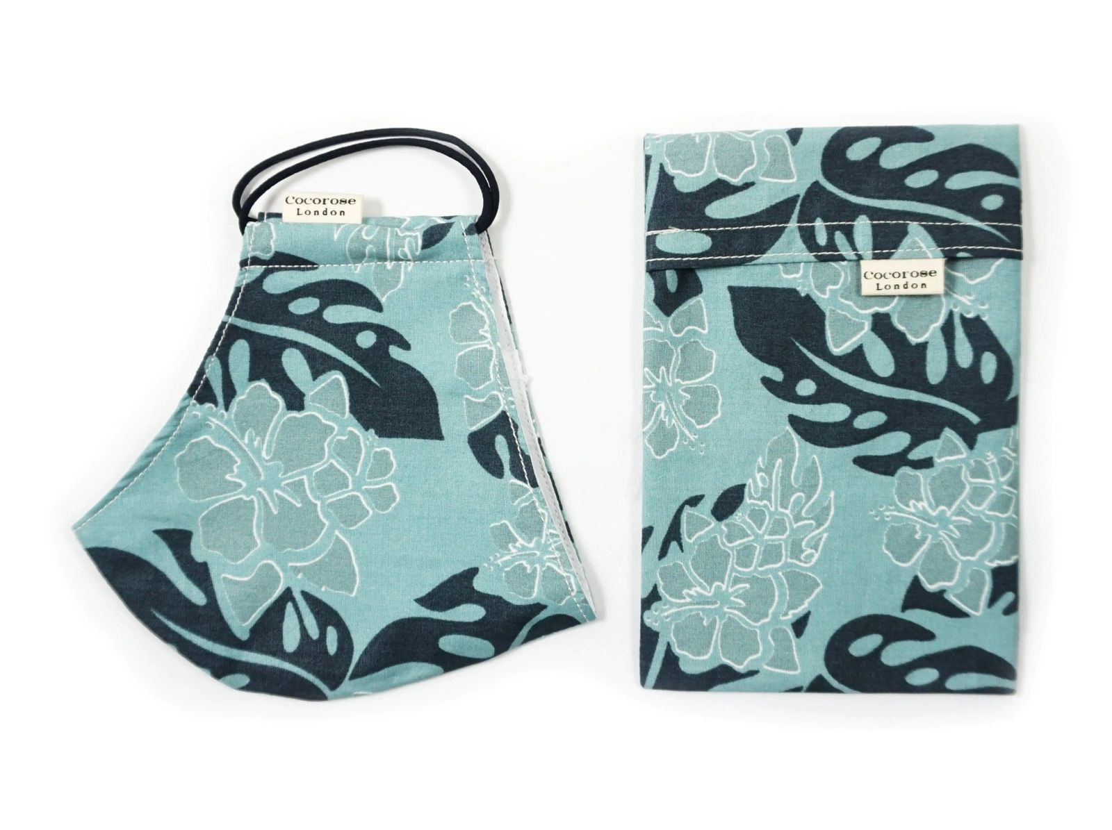 Cotton Face Mask with Filter Pocket and Matching Pouch - Hibiscus Floral Print Sea Green