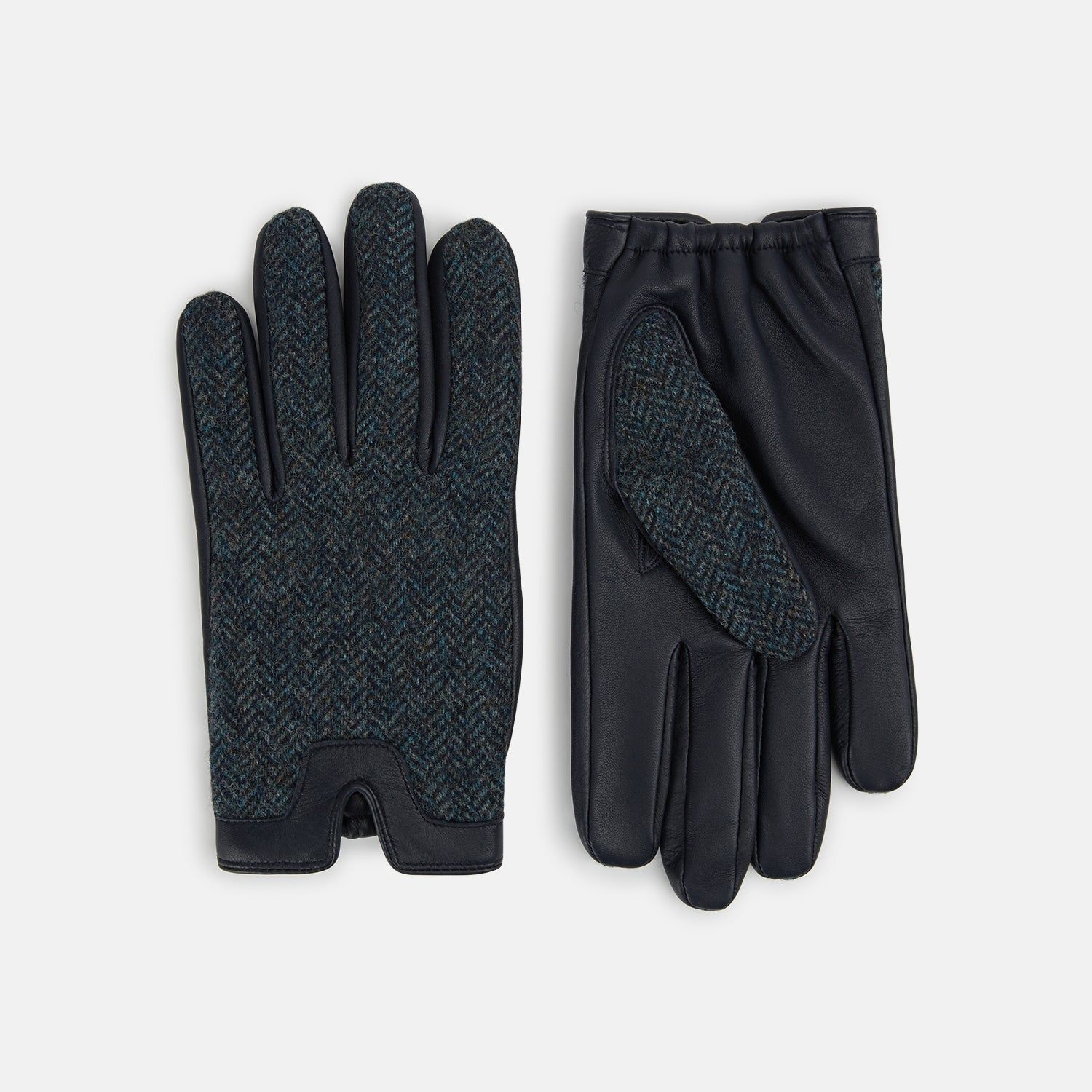 Navy Herringbone Tweed Cashmere-lined Leather Gloves