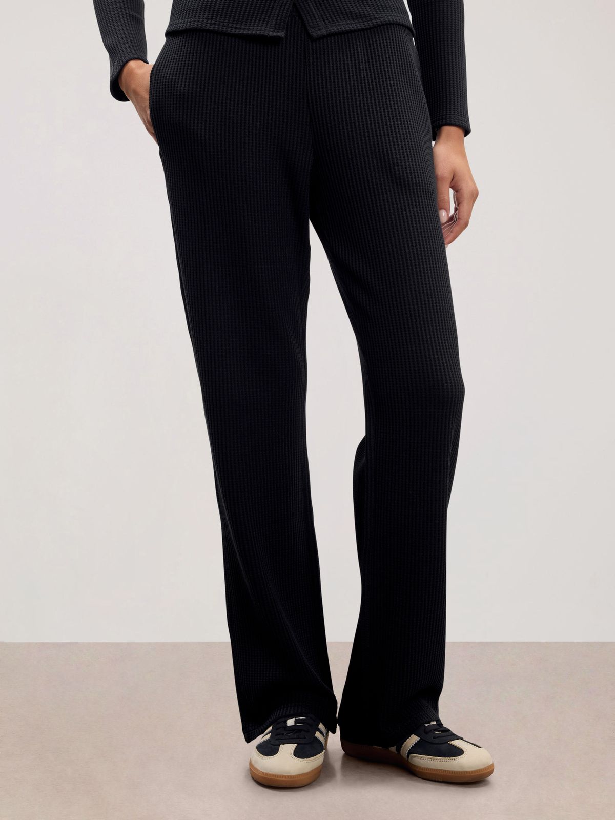 Womens Waffle Straight Leg Trouser in Black