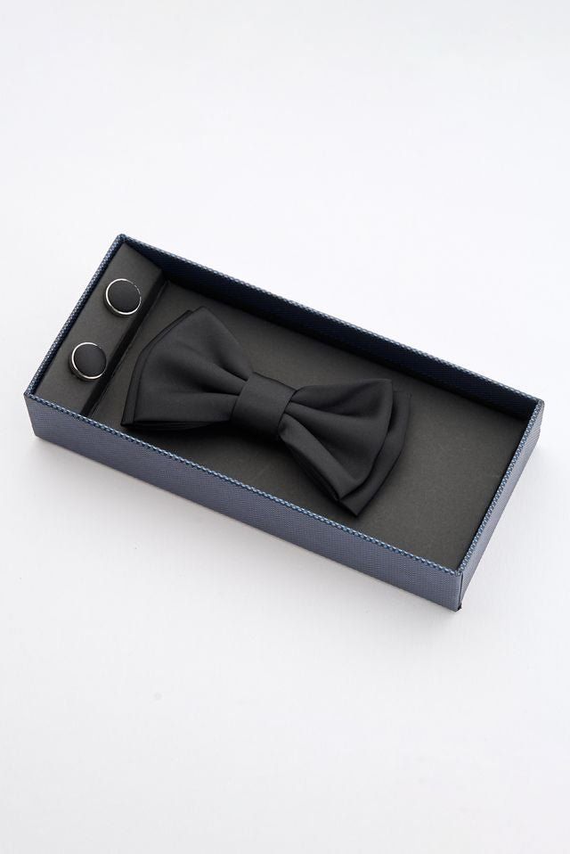 Black Satin Bow Tie Set With Cufflinks