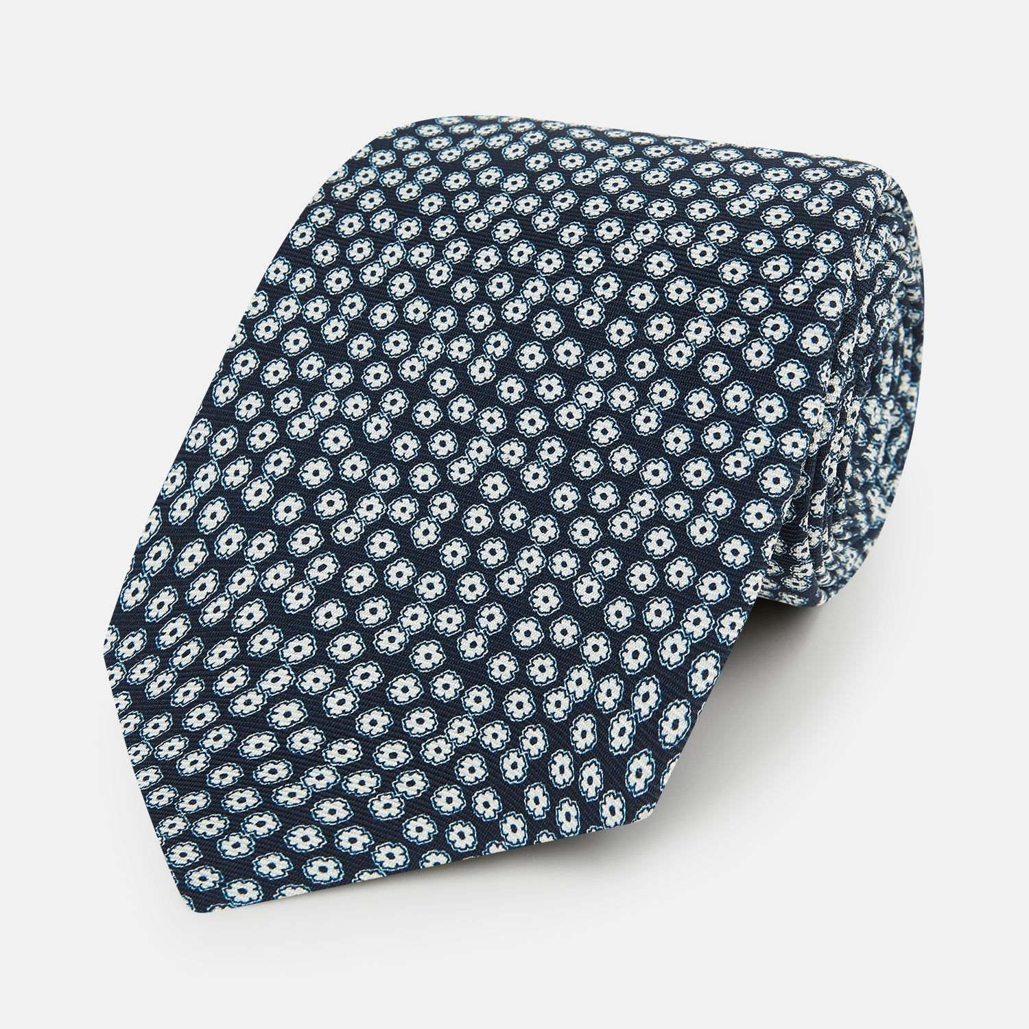 Navy Flower Patterned Silk Tie