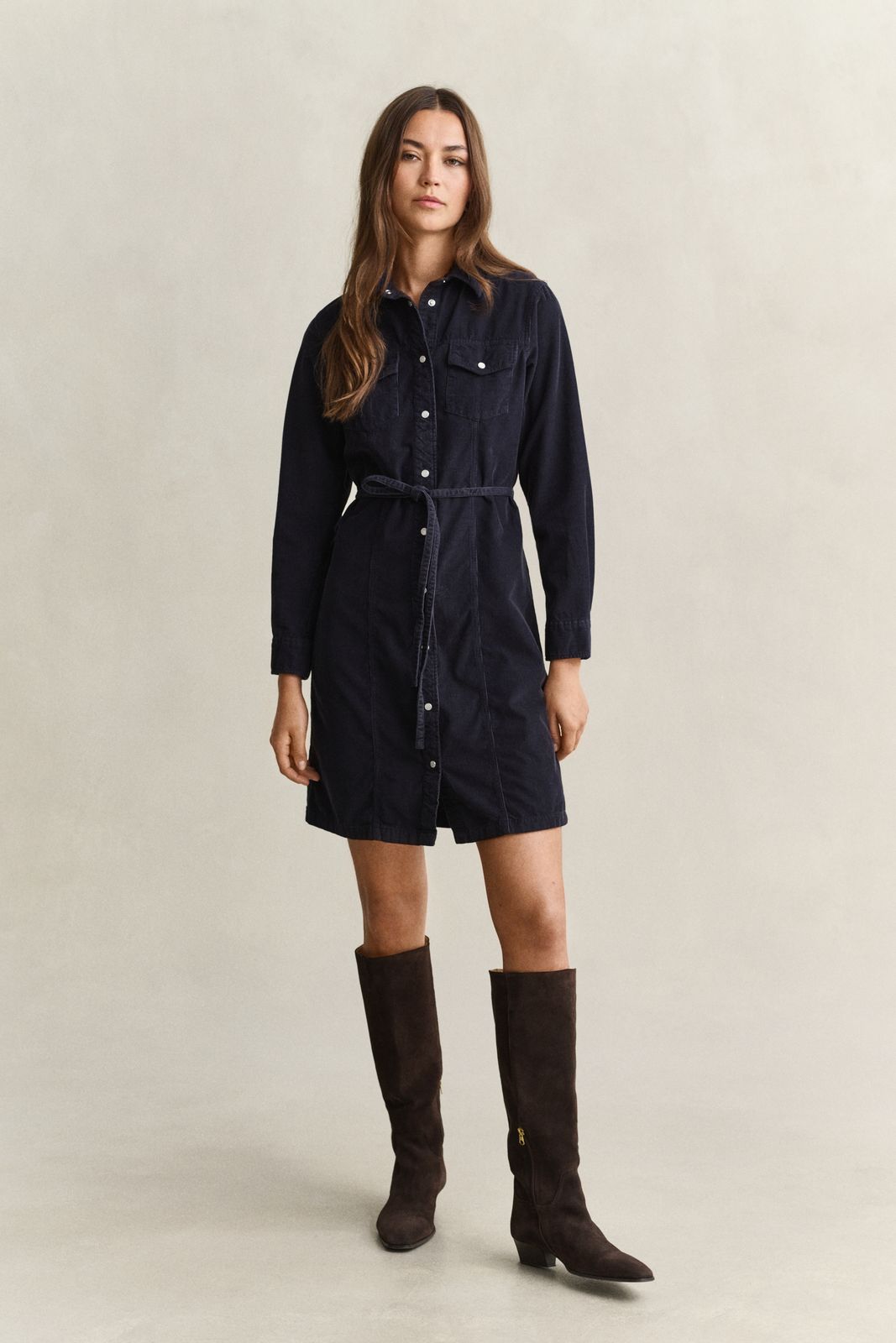 Belted Corduroy Shirt Dress - EVENING BLUE