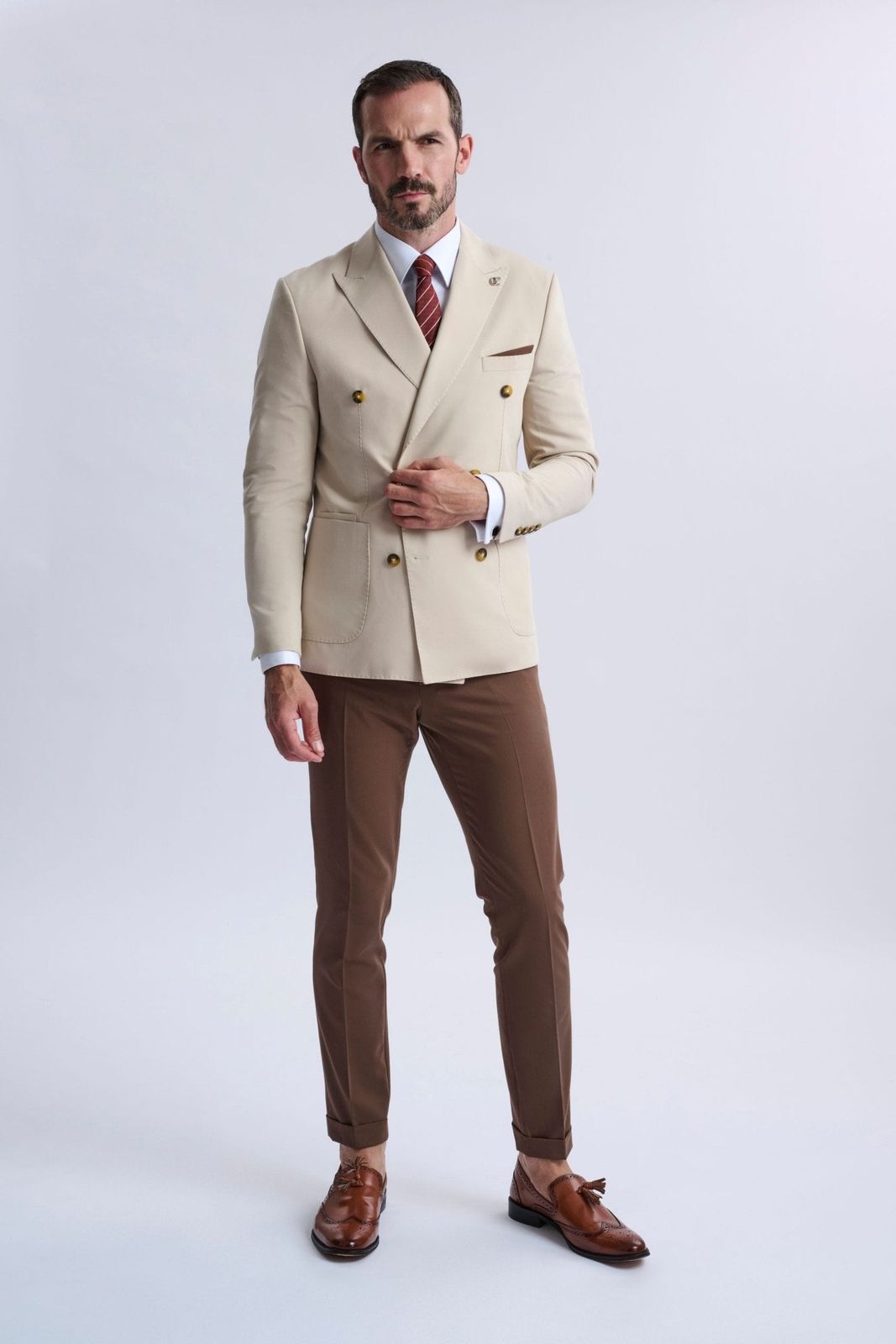 Leandro Fixed Double-breasted Suit With Tobacco Trousers