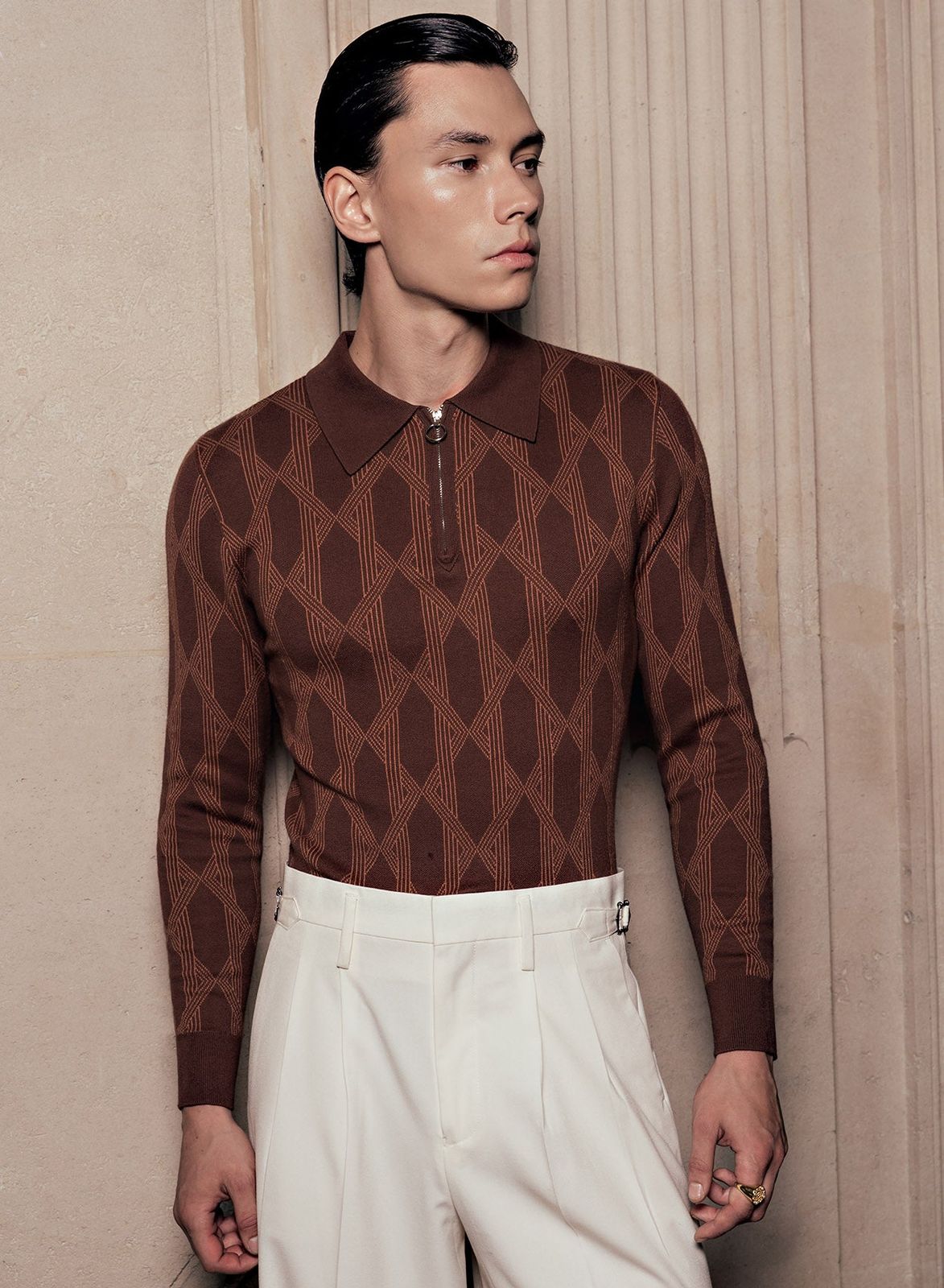 Brown Geometric Interlock Print Long Sleeve Knitted Polo