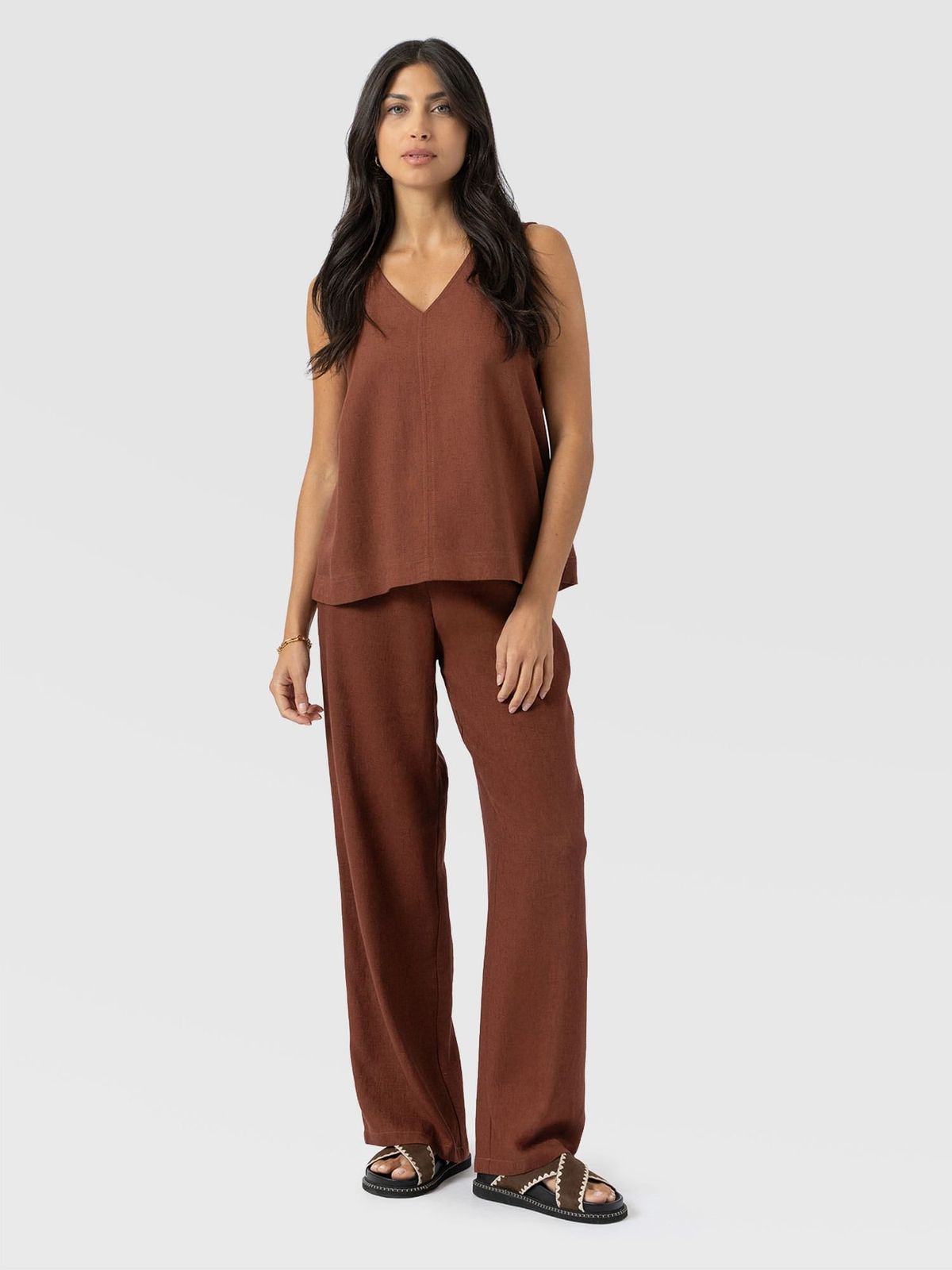 Corinne Wide Leg Linen Pant - Russet Brown