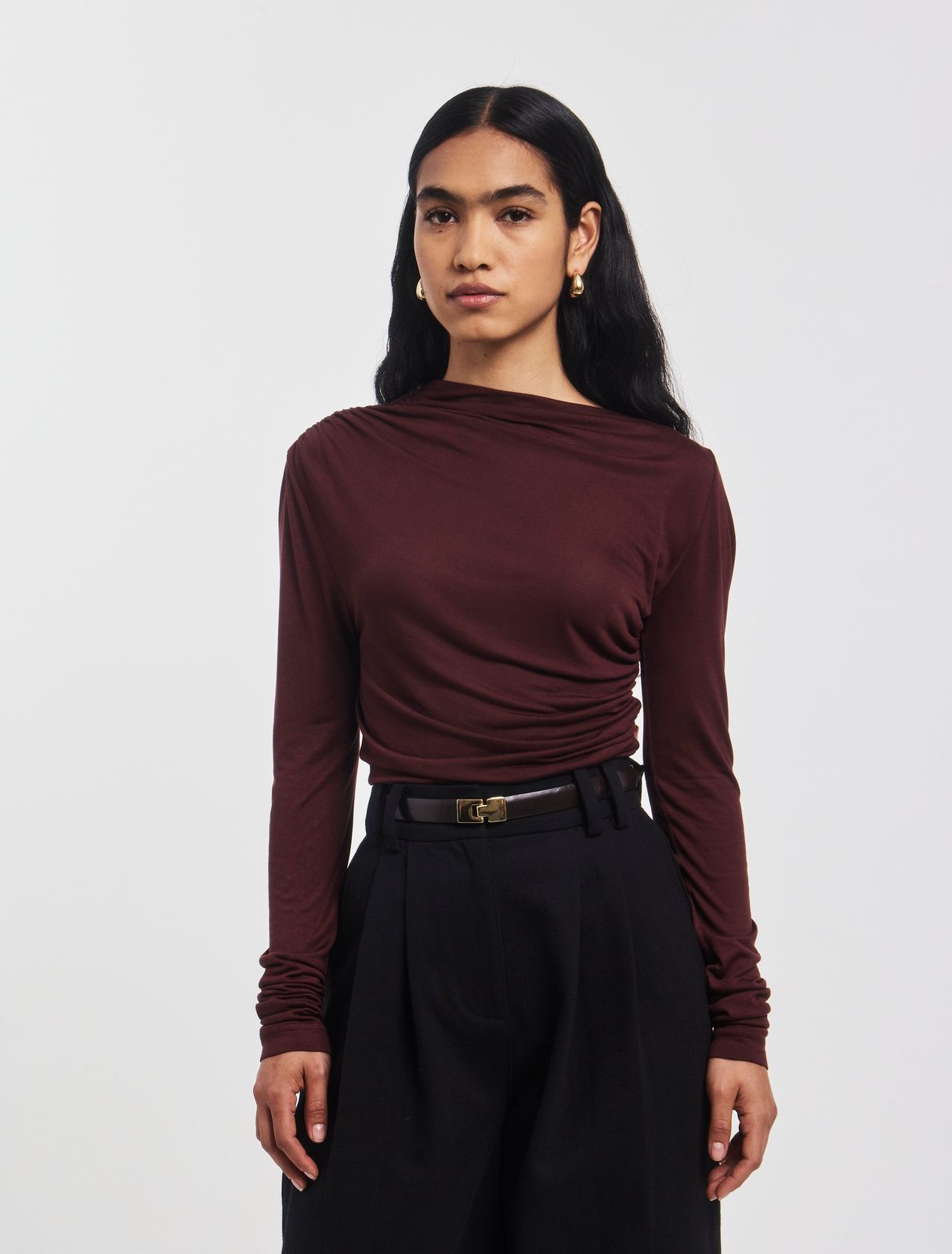 Iphis Draped Long Sleeve Top In Bordeaux