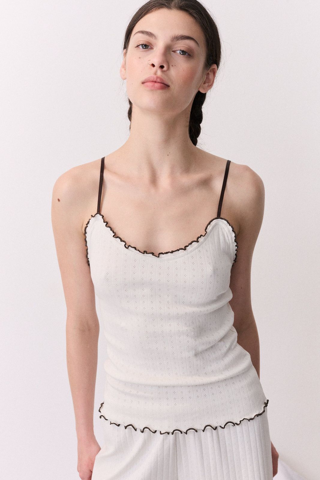 Pointelle Soft V Tank Cream/brown