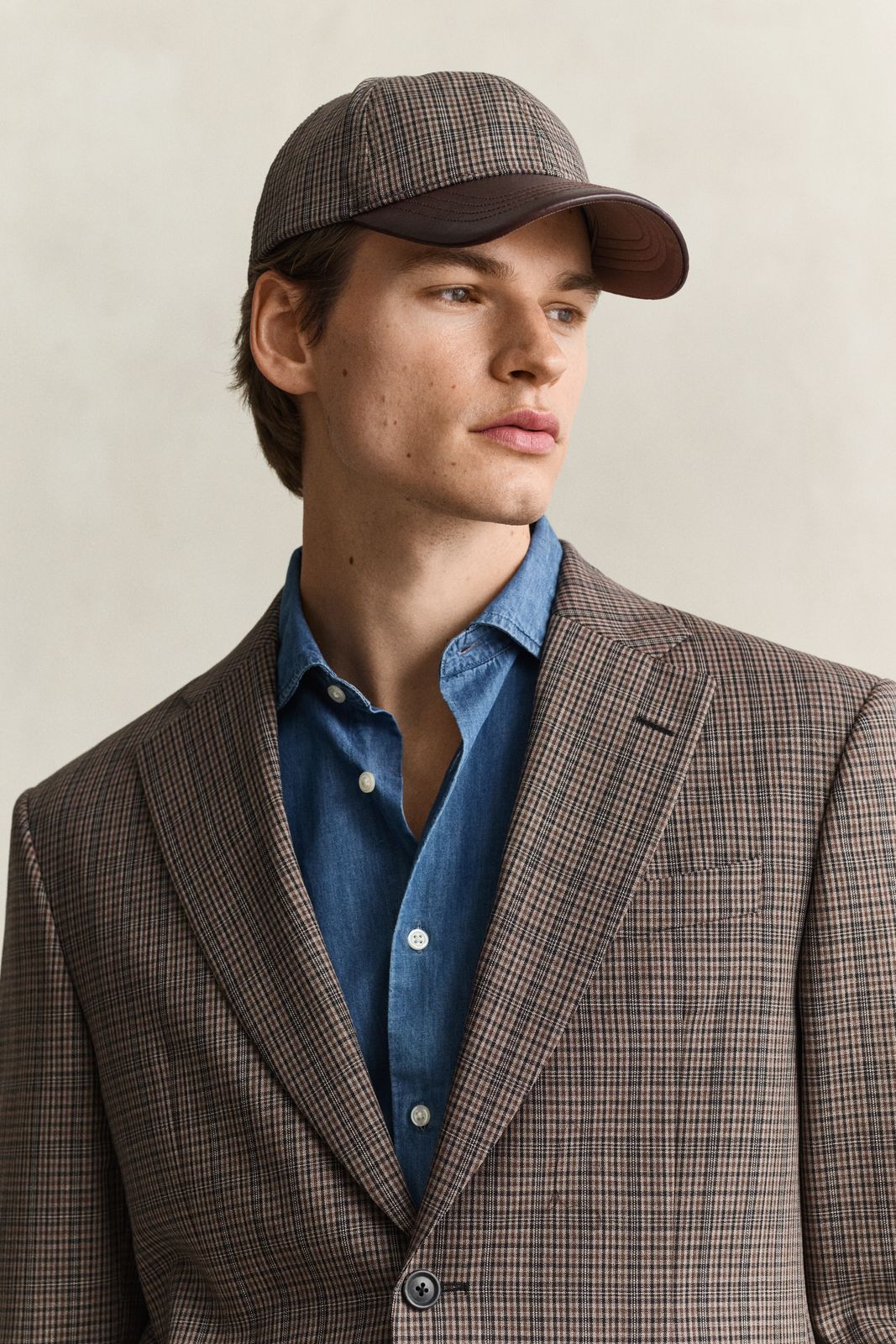 Leather Visor Checked Wool Cap - DUSKY ANTHRACITE