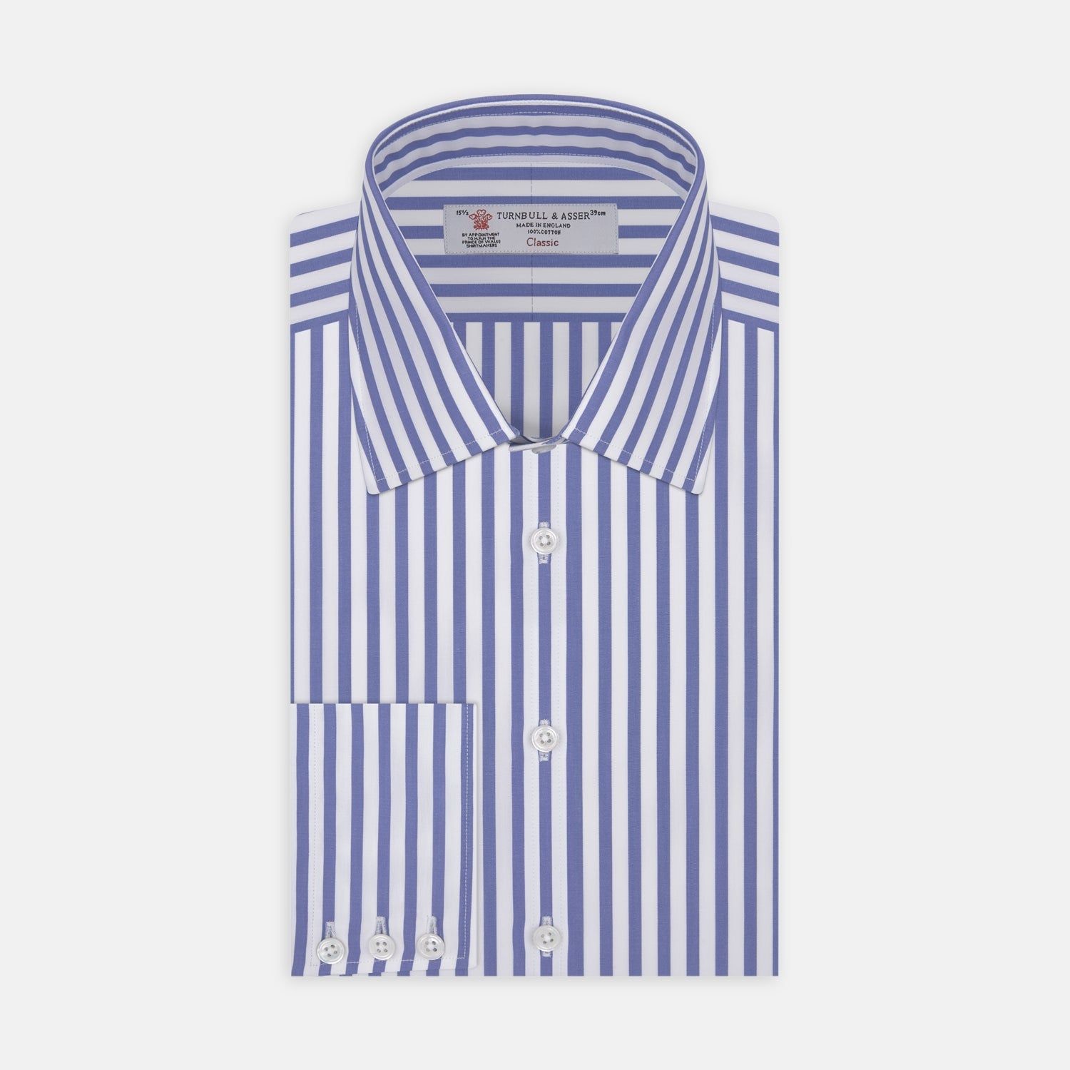Blue And White Candy Stripe Shirt With T&a Collar And 3-button Cuffs