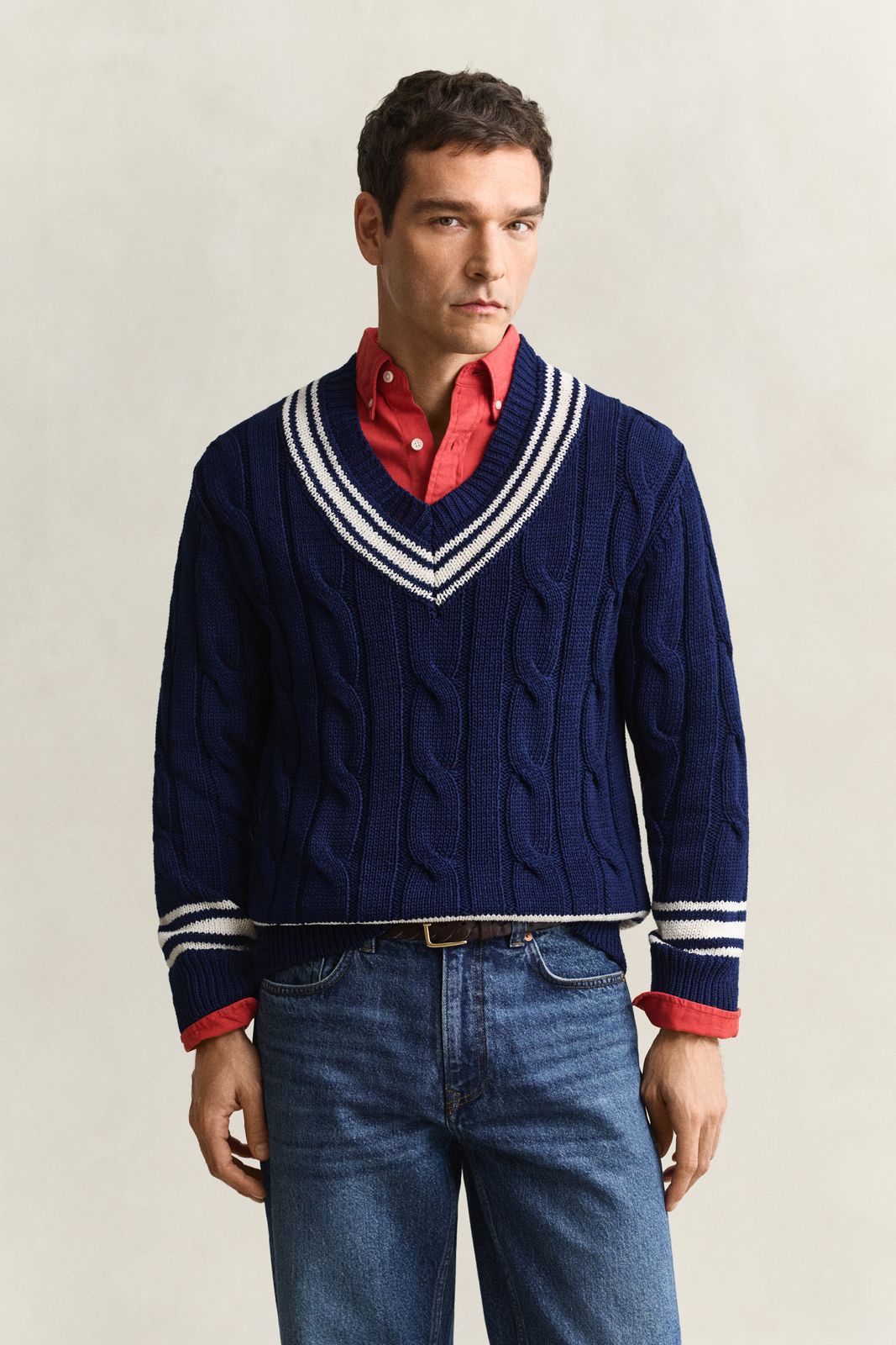 Cable Knit V-Neck Sweater - PERSIAN BLUE