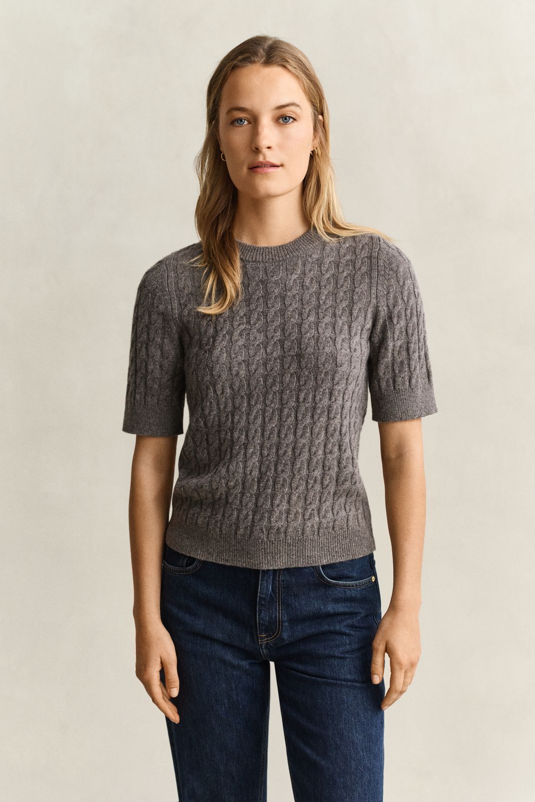 Wool Cashmere Cable Knit Short Sleeve Sweater - DARKENED WINE