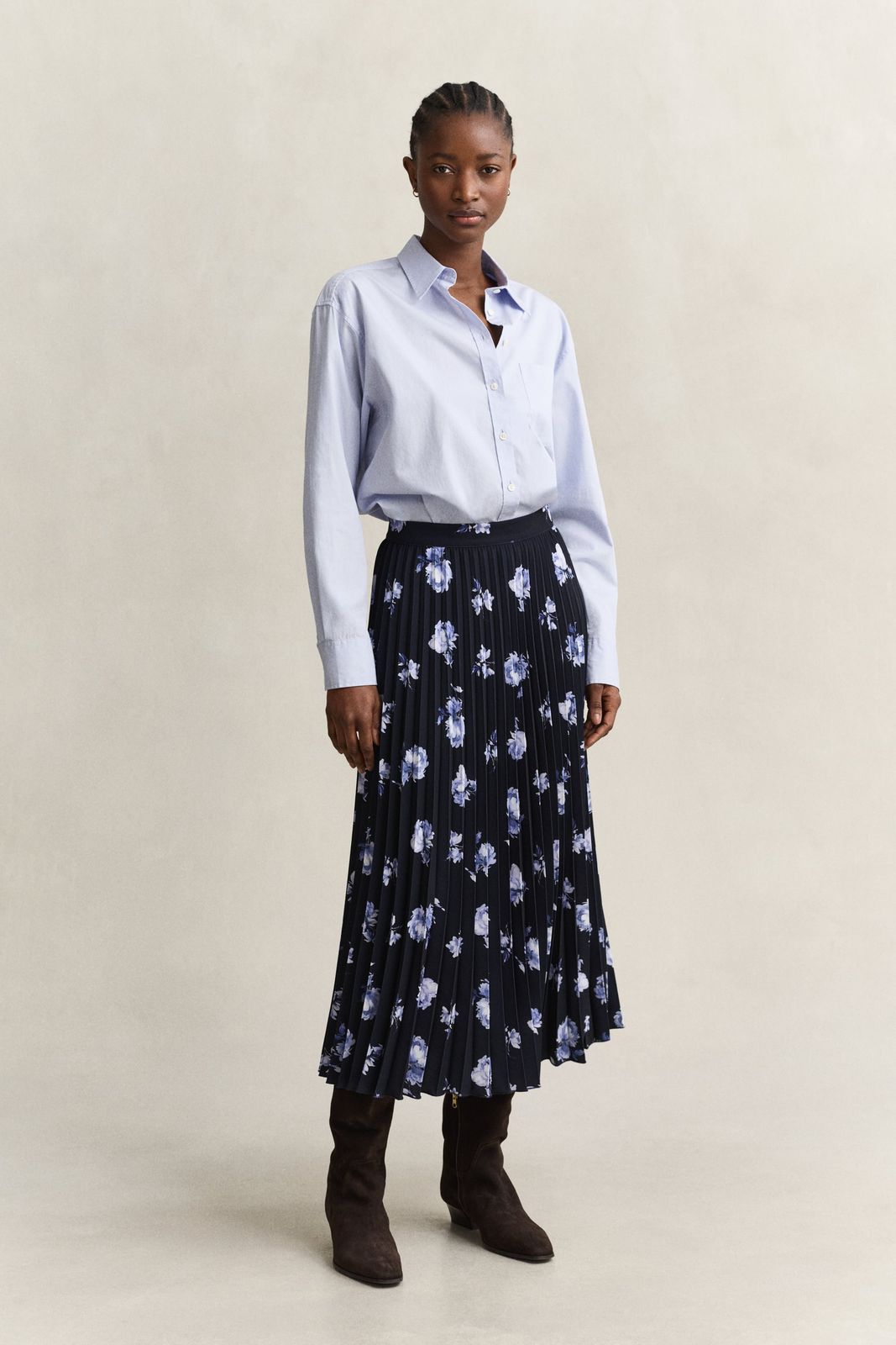Floral Print Pleated Skirt - EVENING BLUE