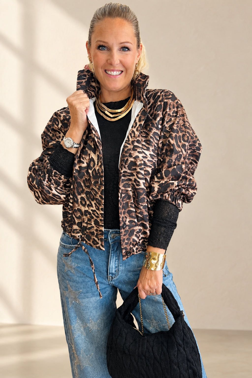 Leopard Print  Funnell Neck Bomber