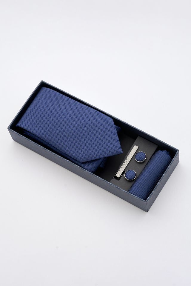 Navy Textured Tie Set With Tie Bar & Cufflinks