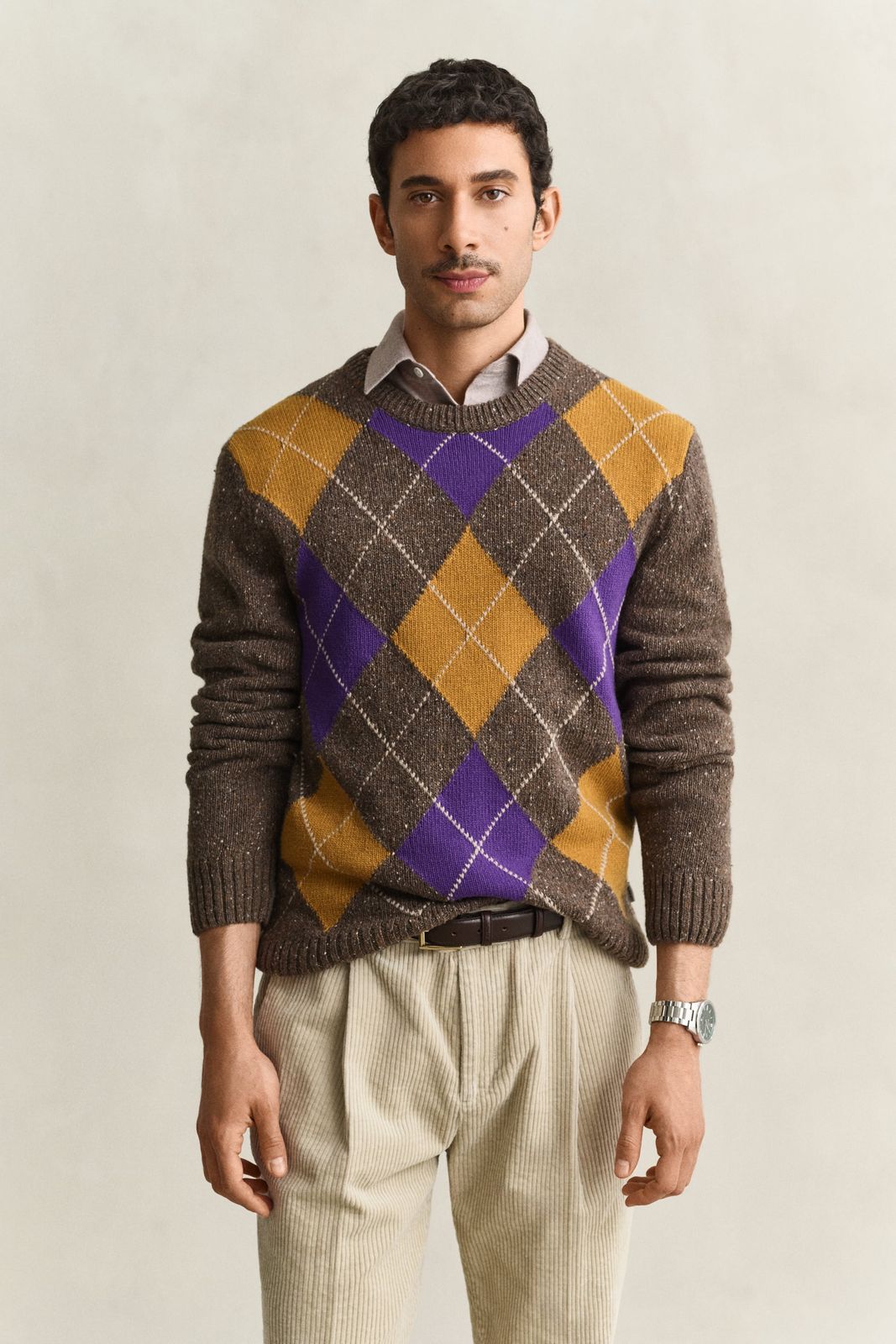 Argyle Nepps Crew Neck Sweater - BROWN MELANGE