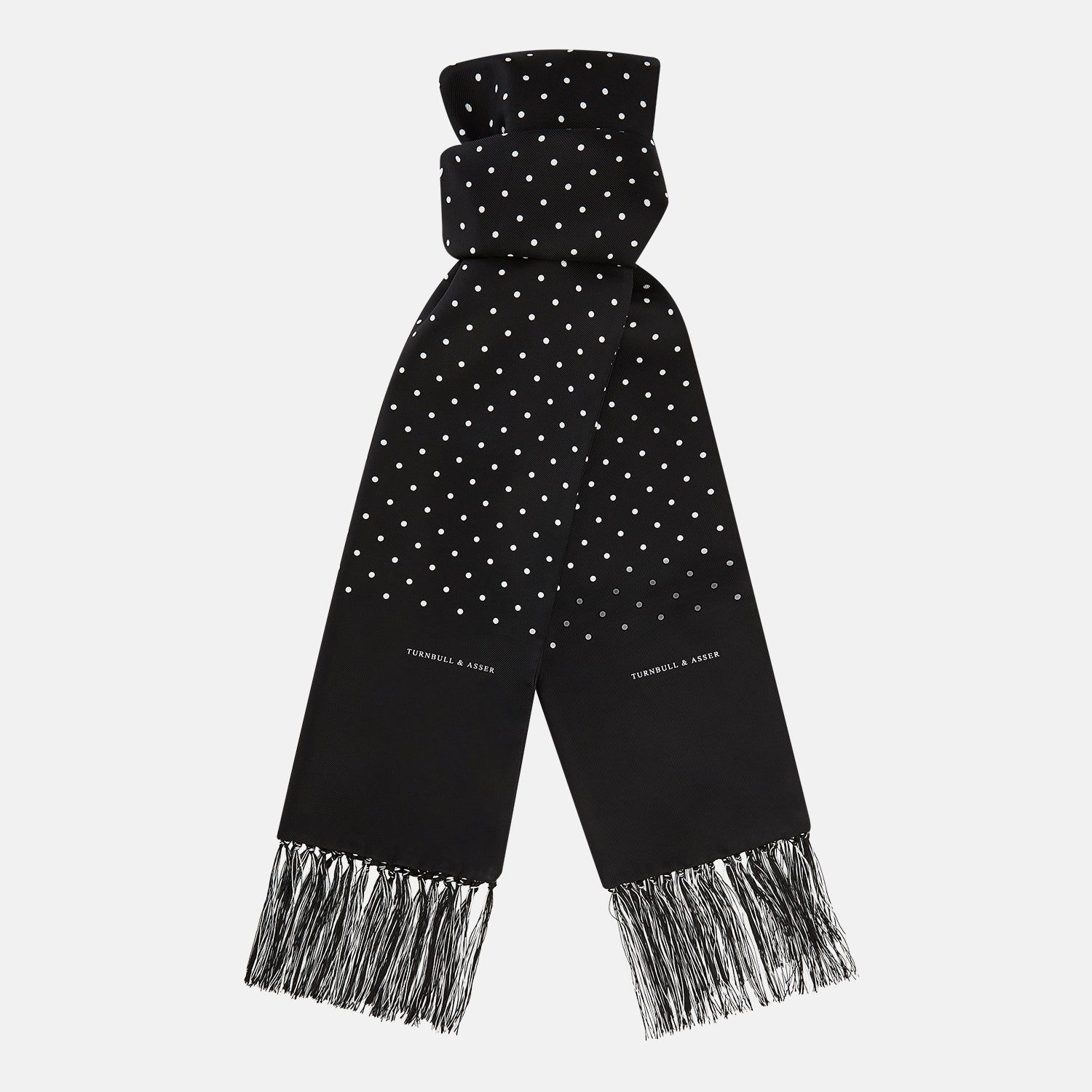 Black And White Spotted Silk Scarf With Fringes