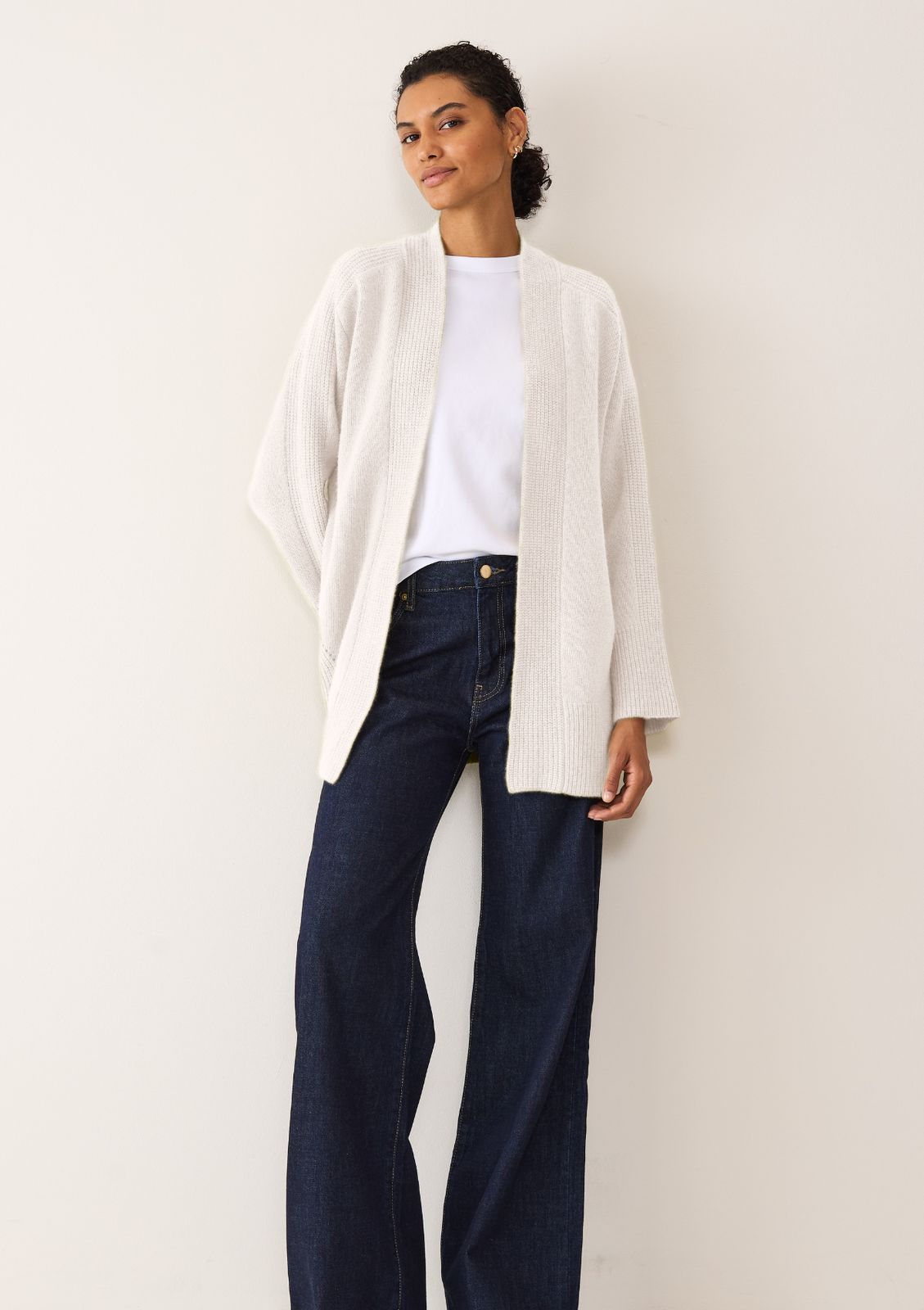 Ribbed Detail Edge To Edge Cardigan In Snow White