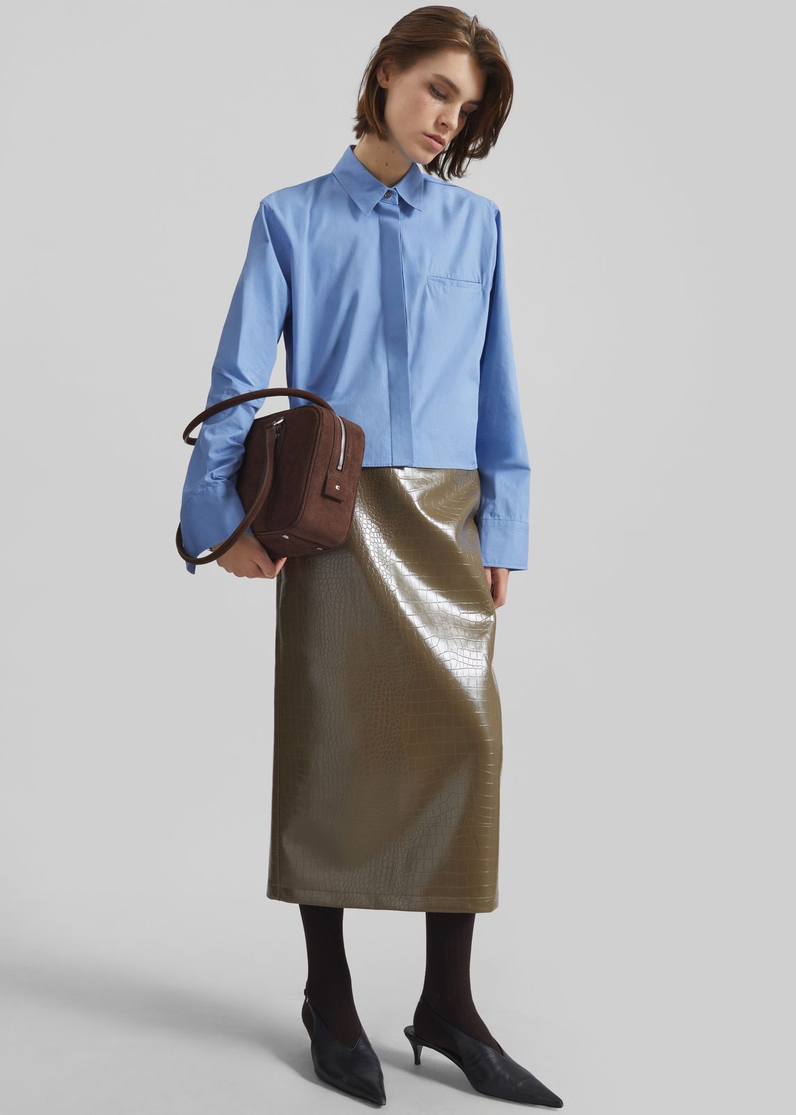 Cerys Faux Leather Croc Midi Skirt - Olive Brown