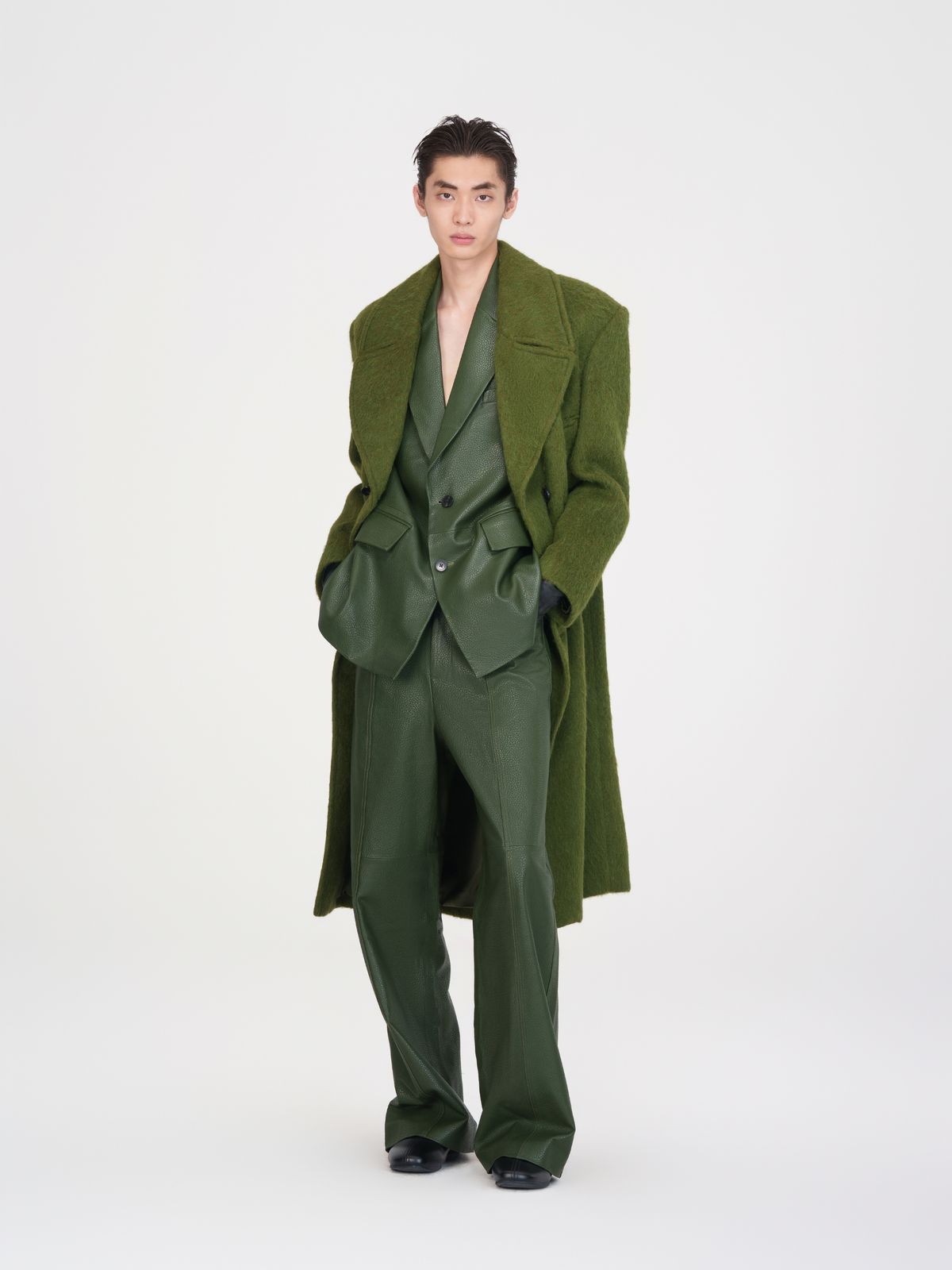 DOUBLE-BREASTED NOTCHED LAPEL GREEN WOOL BLEND COAT