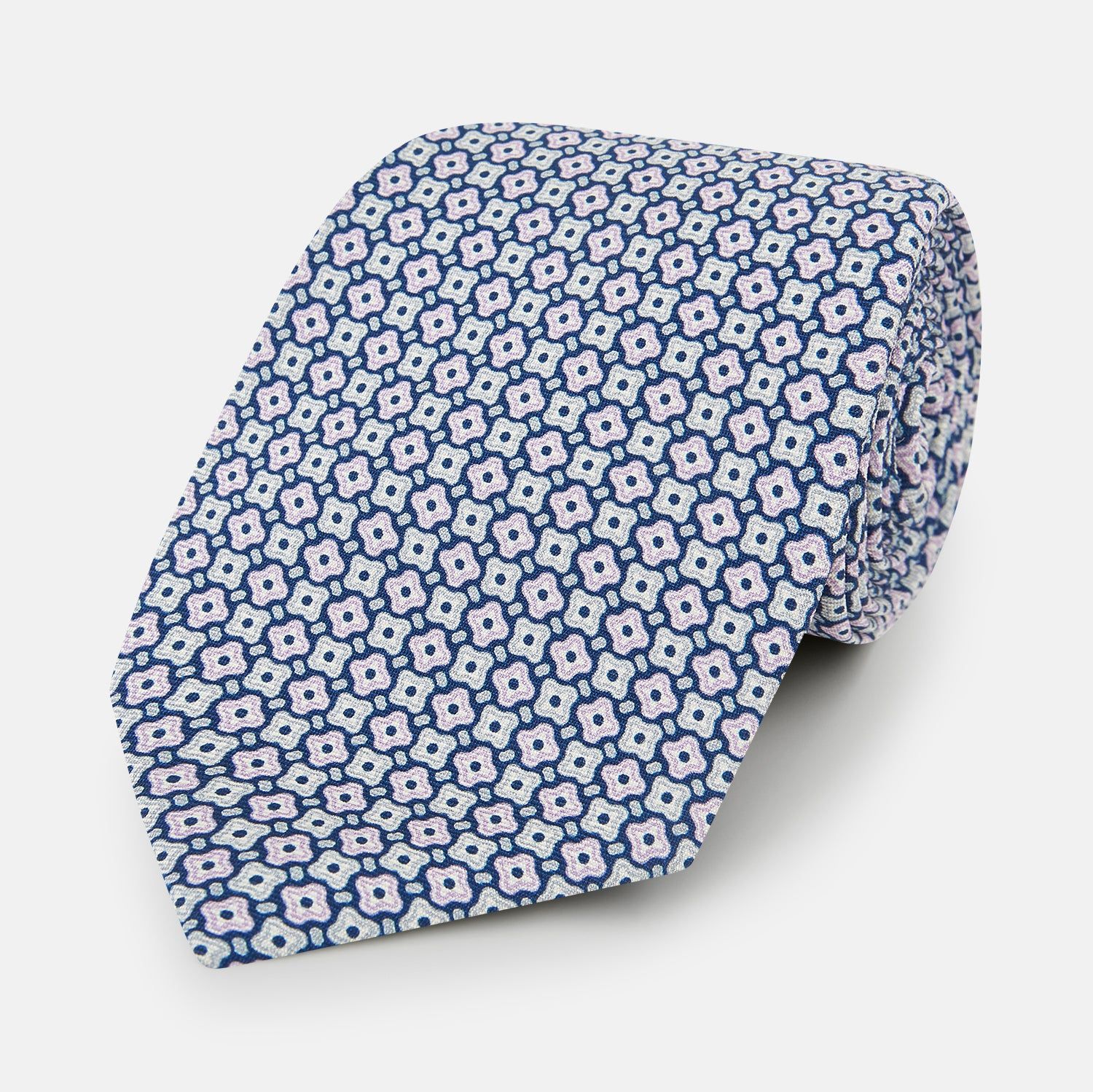 Pale Blue And Green Abstract Quatrefoil Foulard Printed Silk Tie