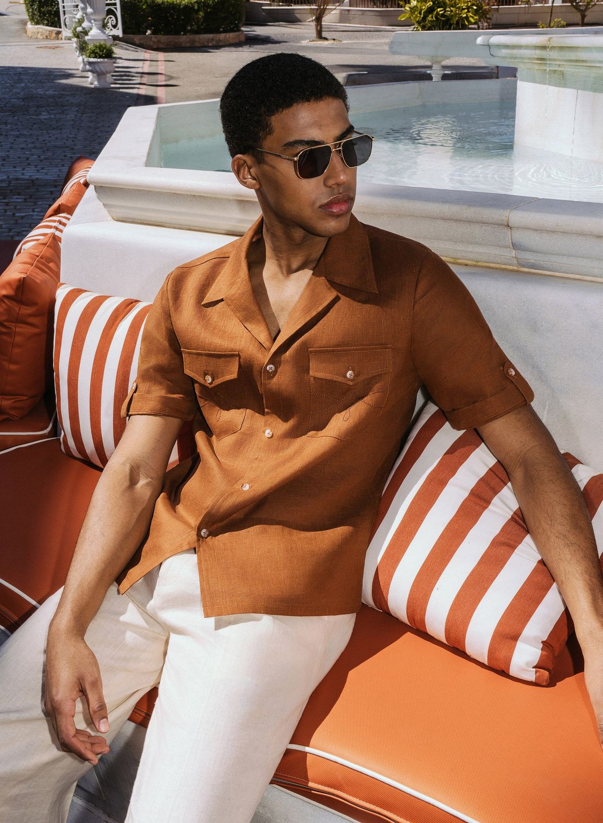 Orange Pure Linen Double Pocket Cuban Shirt