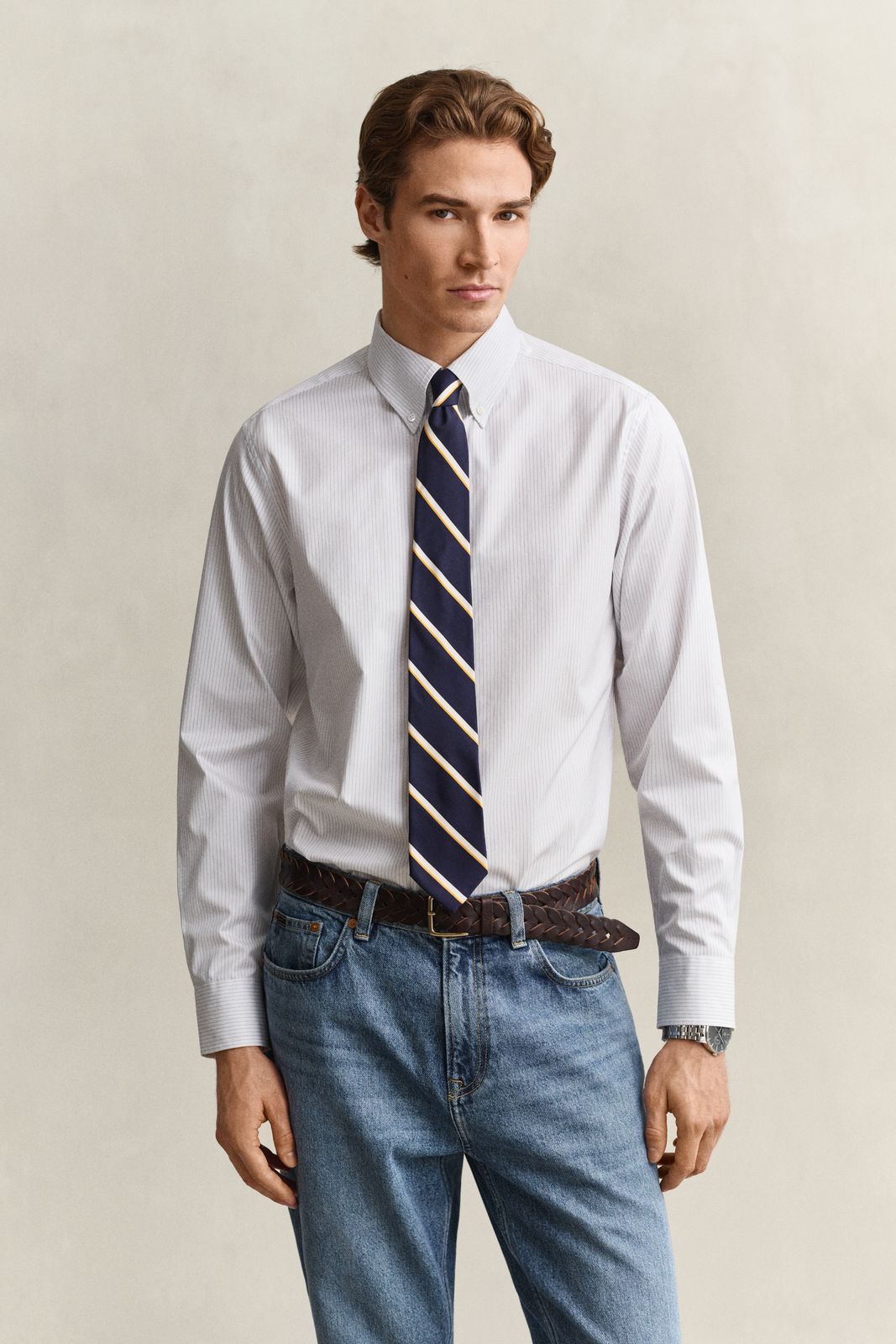 Striped Twill Dress Shirt - WHITE
