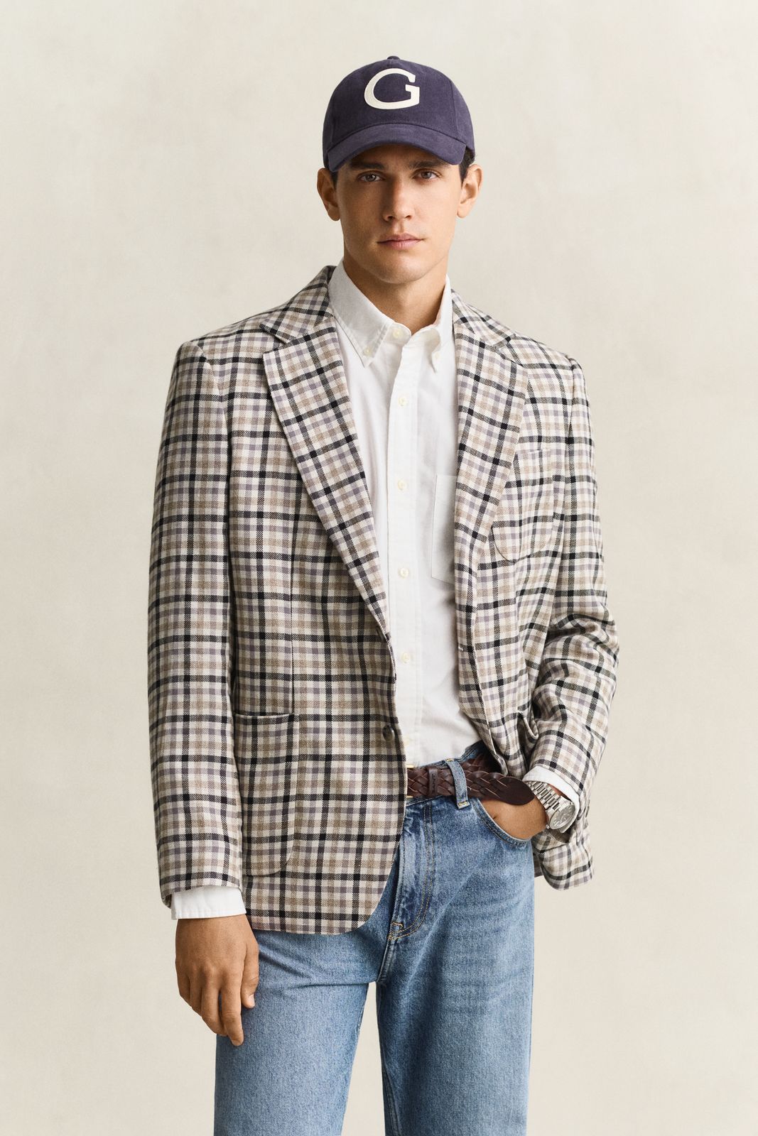 Wool Linen Check Blazer - CREAM
