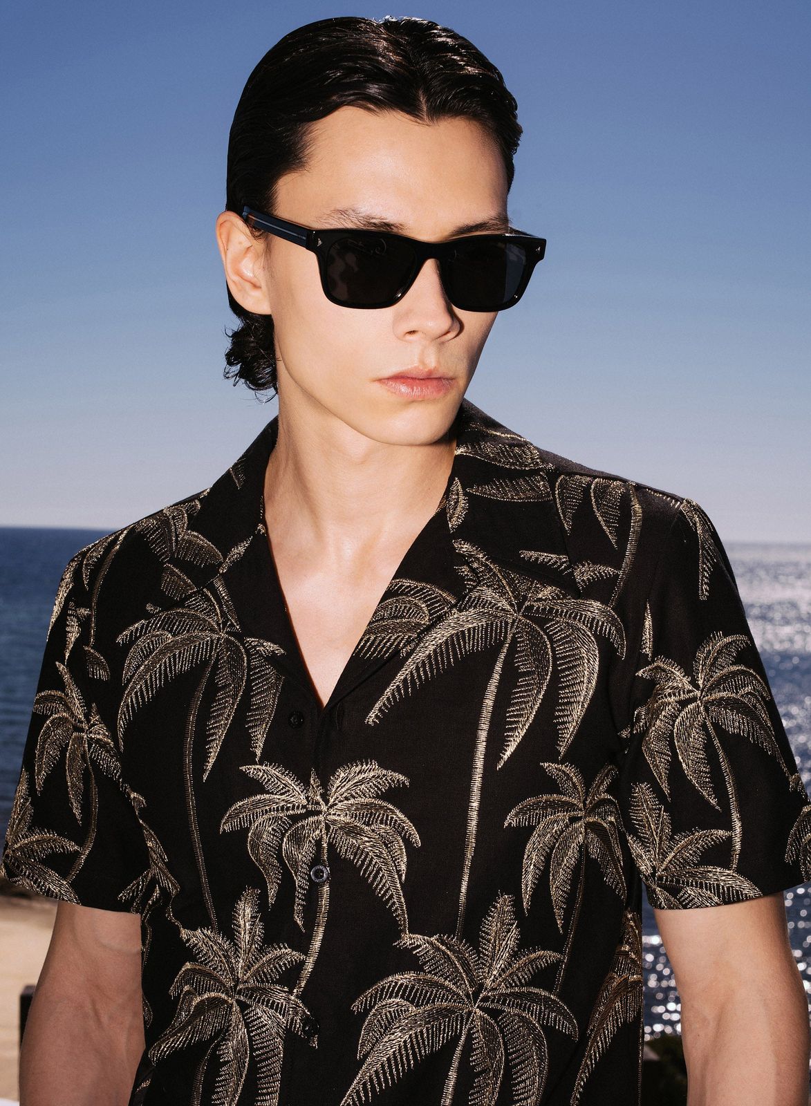 Black Viscose Gold Palm Embroidery Cuban Shirt