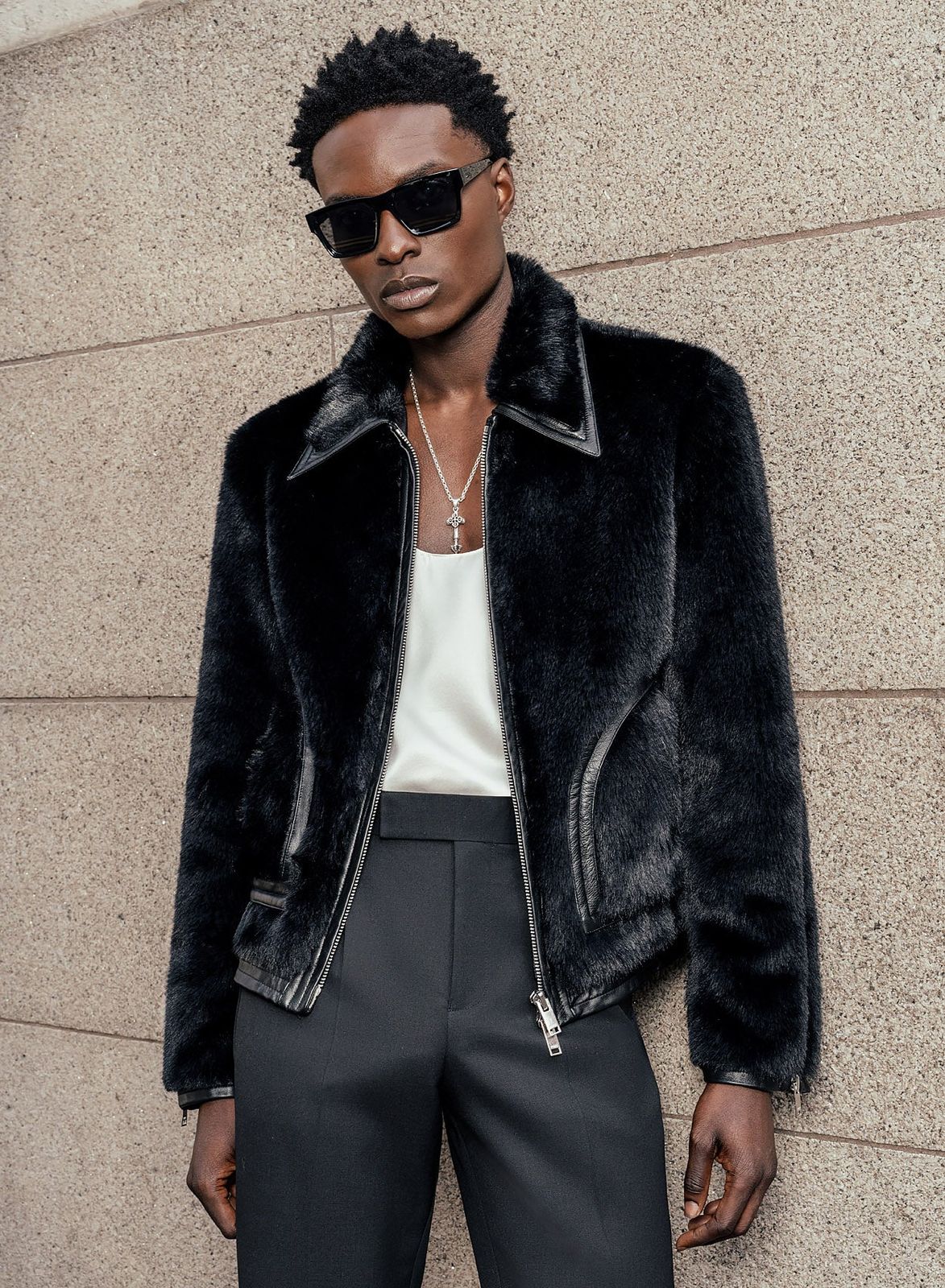 Black Faux Fur Leather Trim Jacket