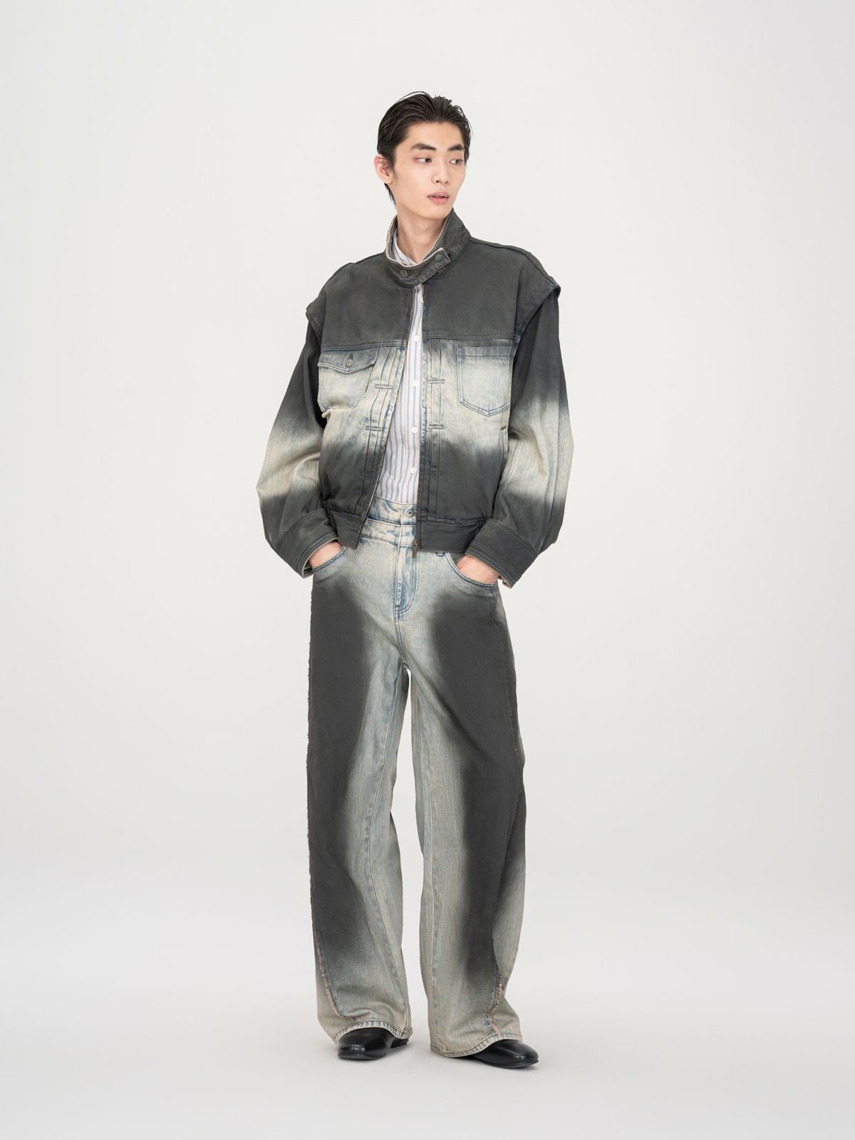 BLUE-TO-BLACK OMBRE DENIM STAND-COLLAR JACKET