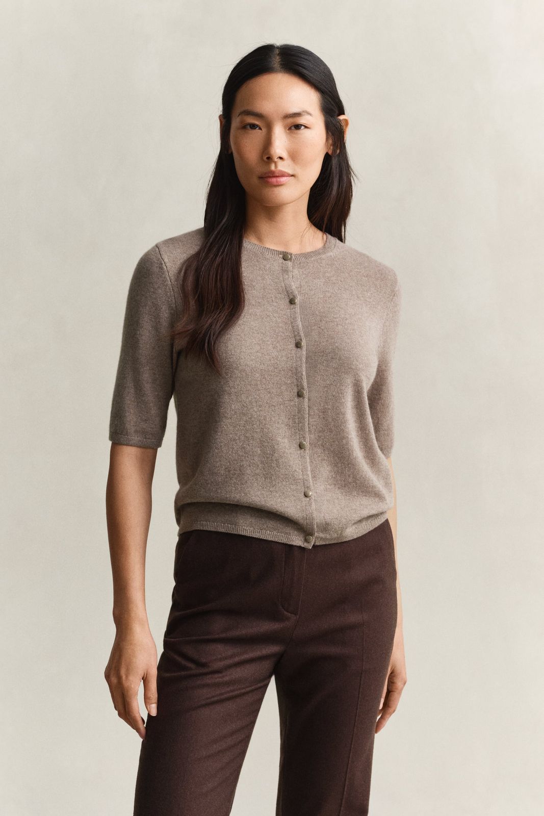 Cashmere Blend Short Sleeve Cardigan - DK SAND MELANGE