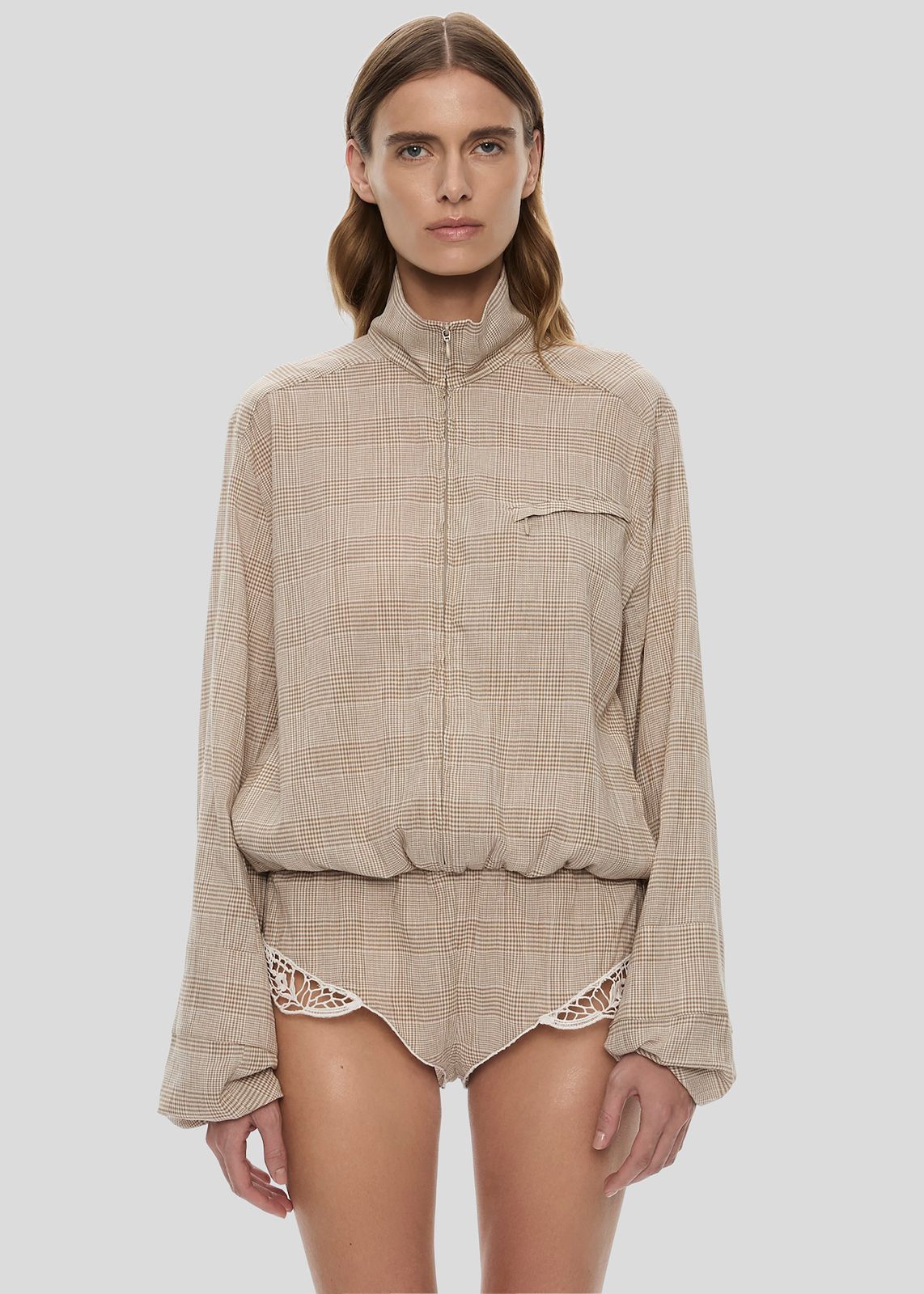 Christopher Esber Batiste Embroidered Handkerchief One Piece - Sepia Check