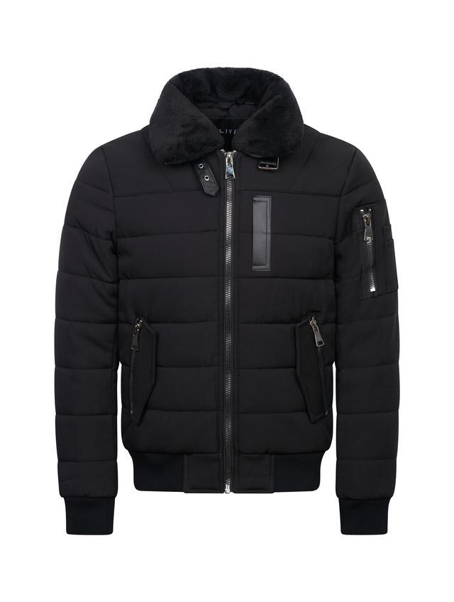 Black Bomber Jacket With Detachable Fur Collar
