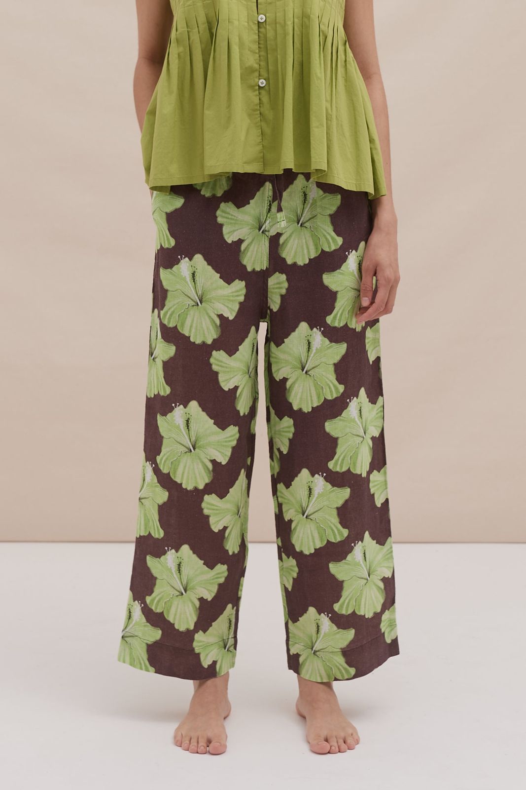 Pocket Set Trousers Grand Hibiscus Cocoa/Lime Linen