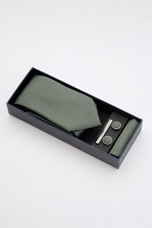 Green Textured Tie Set With Tie Bar & Cufflinks