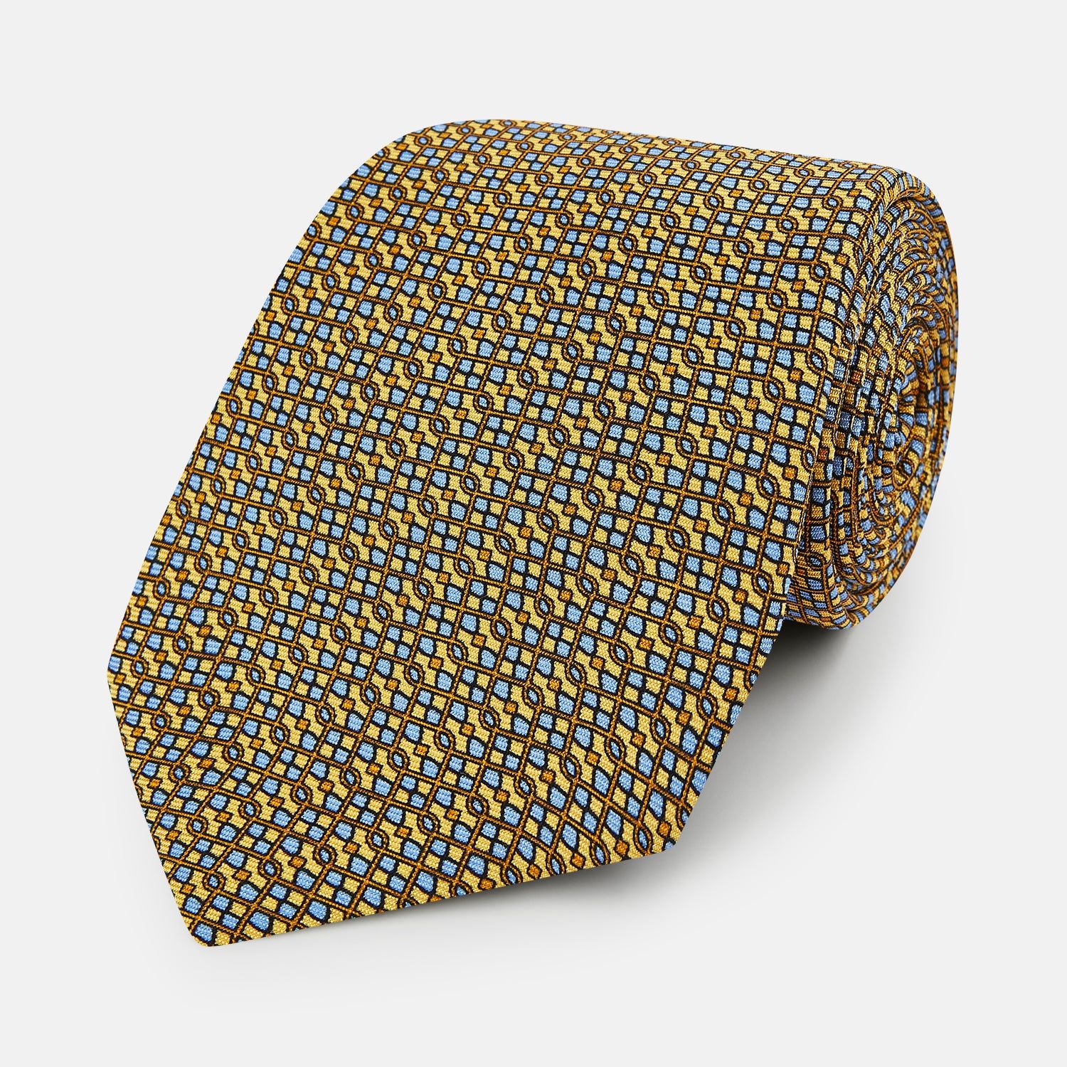 Yellow Geometric Lattice Damier Printed Silk Tie